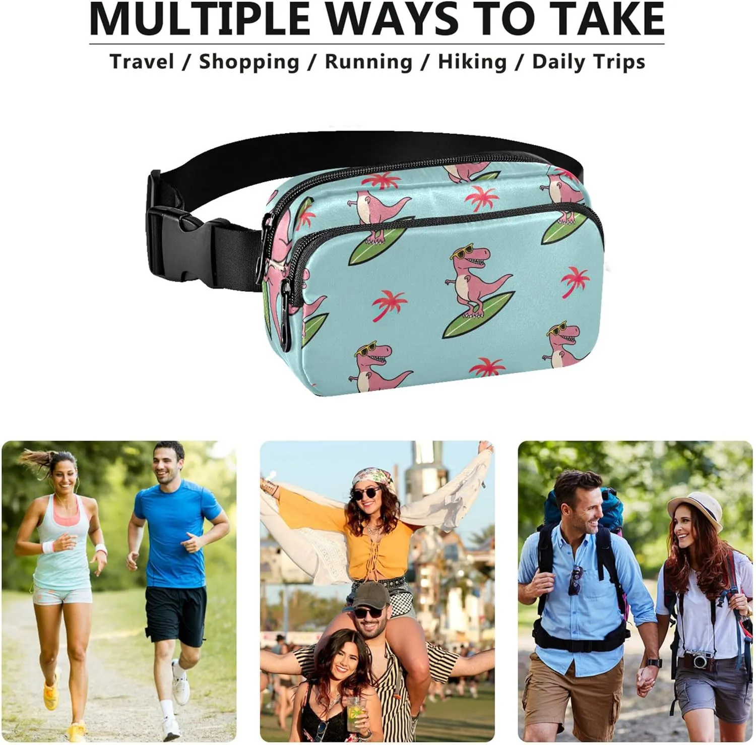 Cartoon T Rex Blue Women Fanny Pack Belt Bags Hip Pack Waterproof Bright Waist Pouches for Men