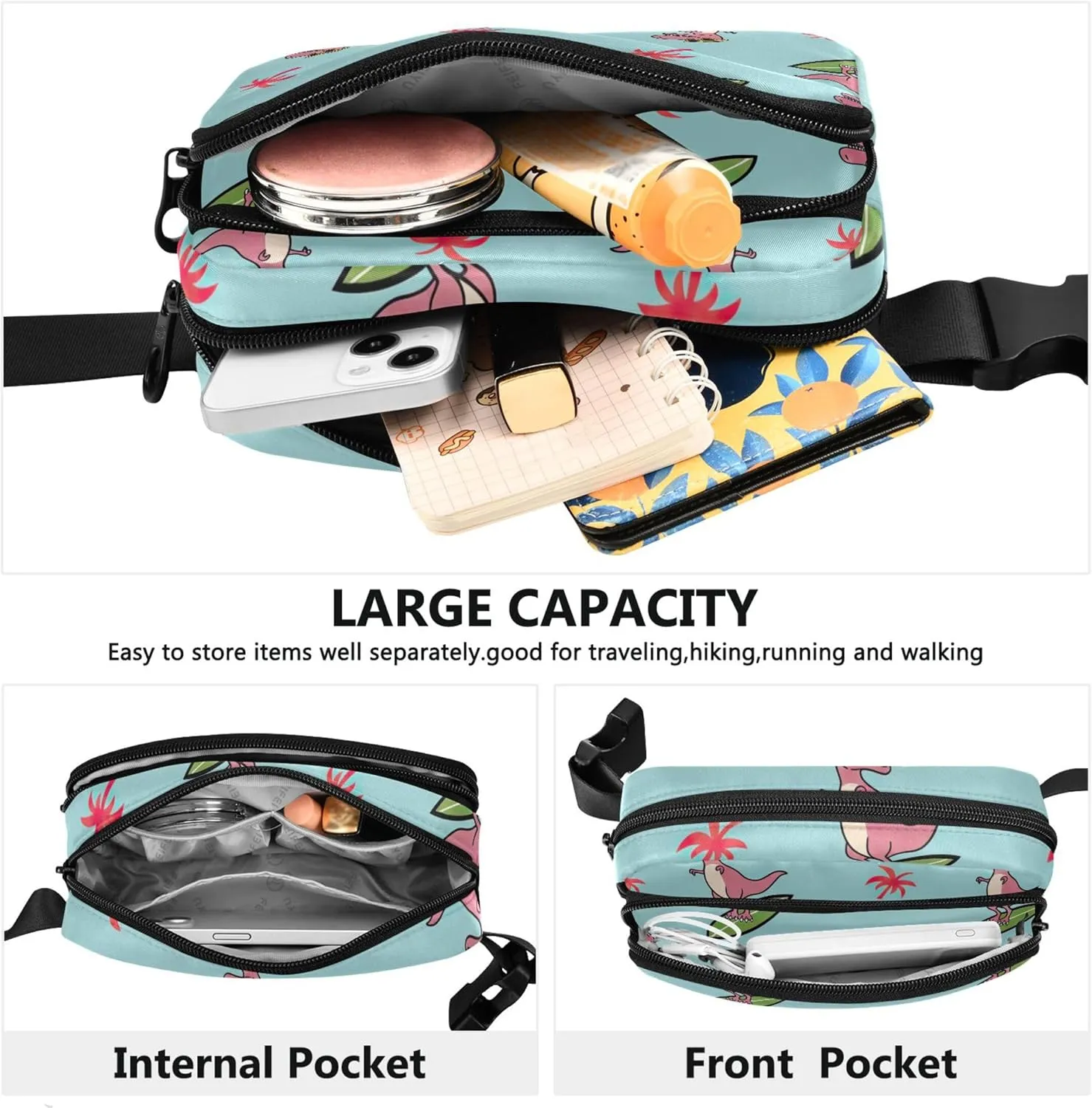 Cartoon T Rex Blue Women Fanny Pack Belt Bags Hip Pack Waterproof Bright Waist Pouches for Men