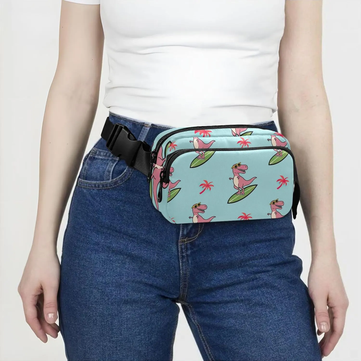 Cartoon T Rex Blue Women Fanny Pack Belt Bags Hip Pack Waterproof Bright Waist Pouches for Men