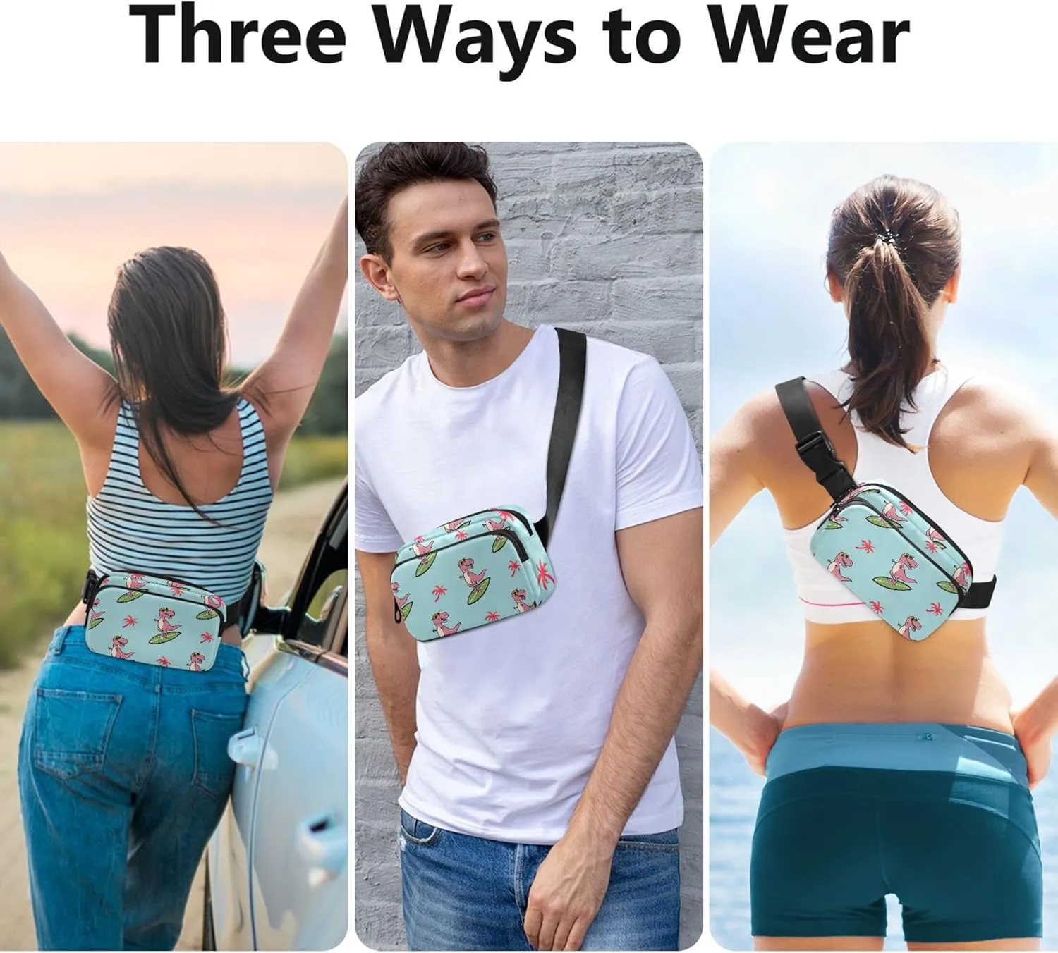 Cartoon T Rex Blue Women Fanny Pack Belt Bags Hip Pack Waterproof Bright Waist Pouches for Men