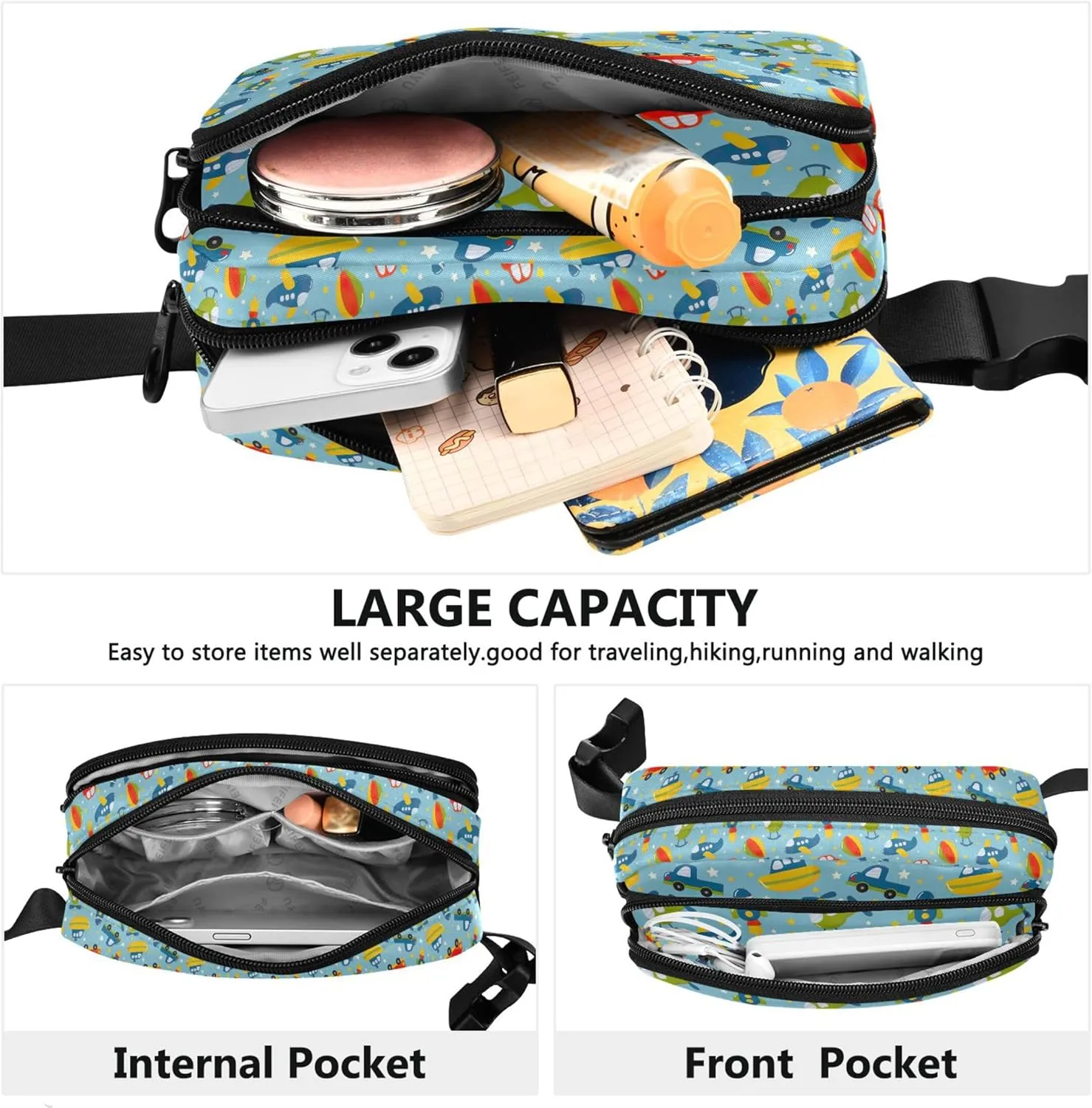 Cartoon Transport Cars Plane Waterproof Women Fanny Packs Hip Pack Belt Bag Funky Travel Waist Pouch