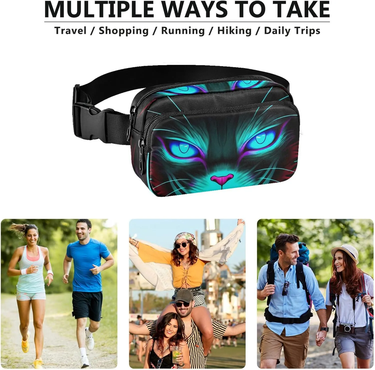 Cat Black Blue Glowing Eyes Fanny Pack for Women Hip Bag Belt Purse Waterproof Bright Waist Pouch for Women