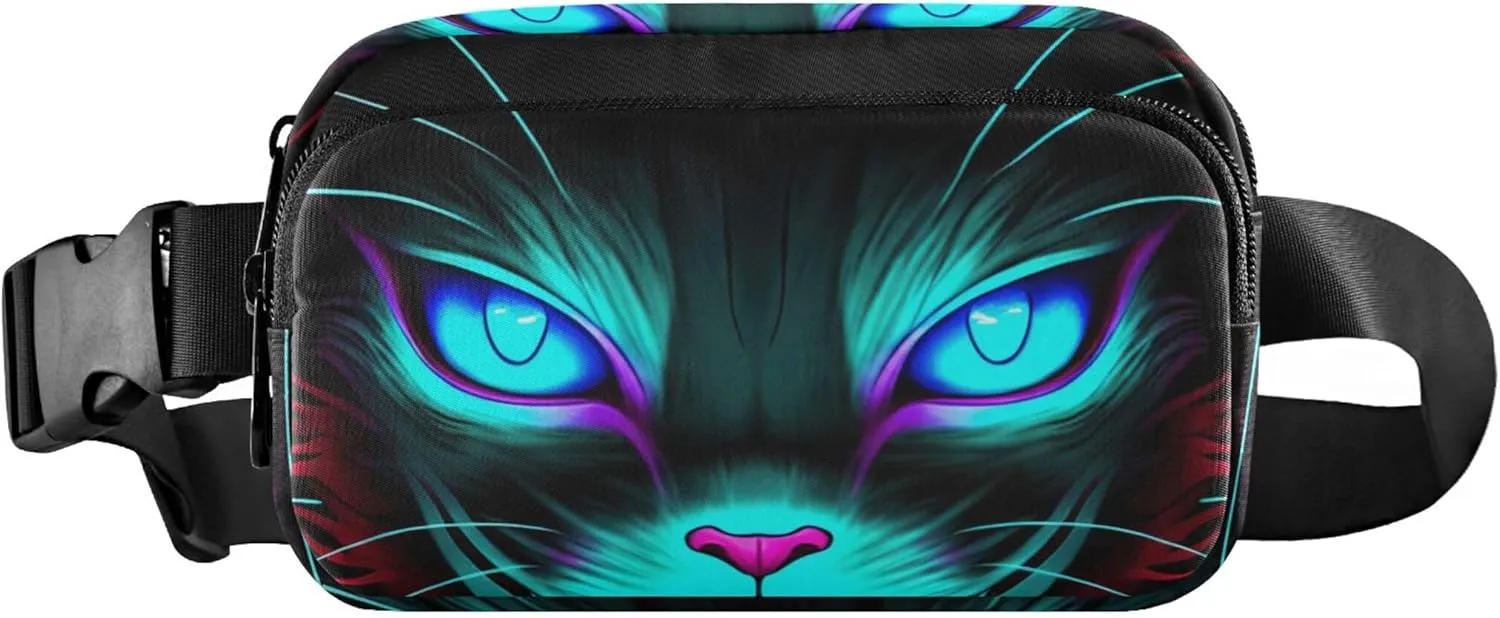 Cat Black Blue Glowing Eyes Fanny Pack for Women Hip Bag Belt Purse Waterproof Bright Waist Pouch for Women