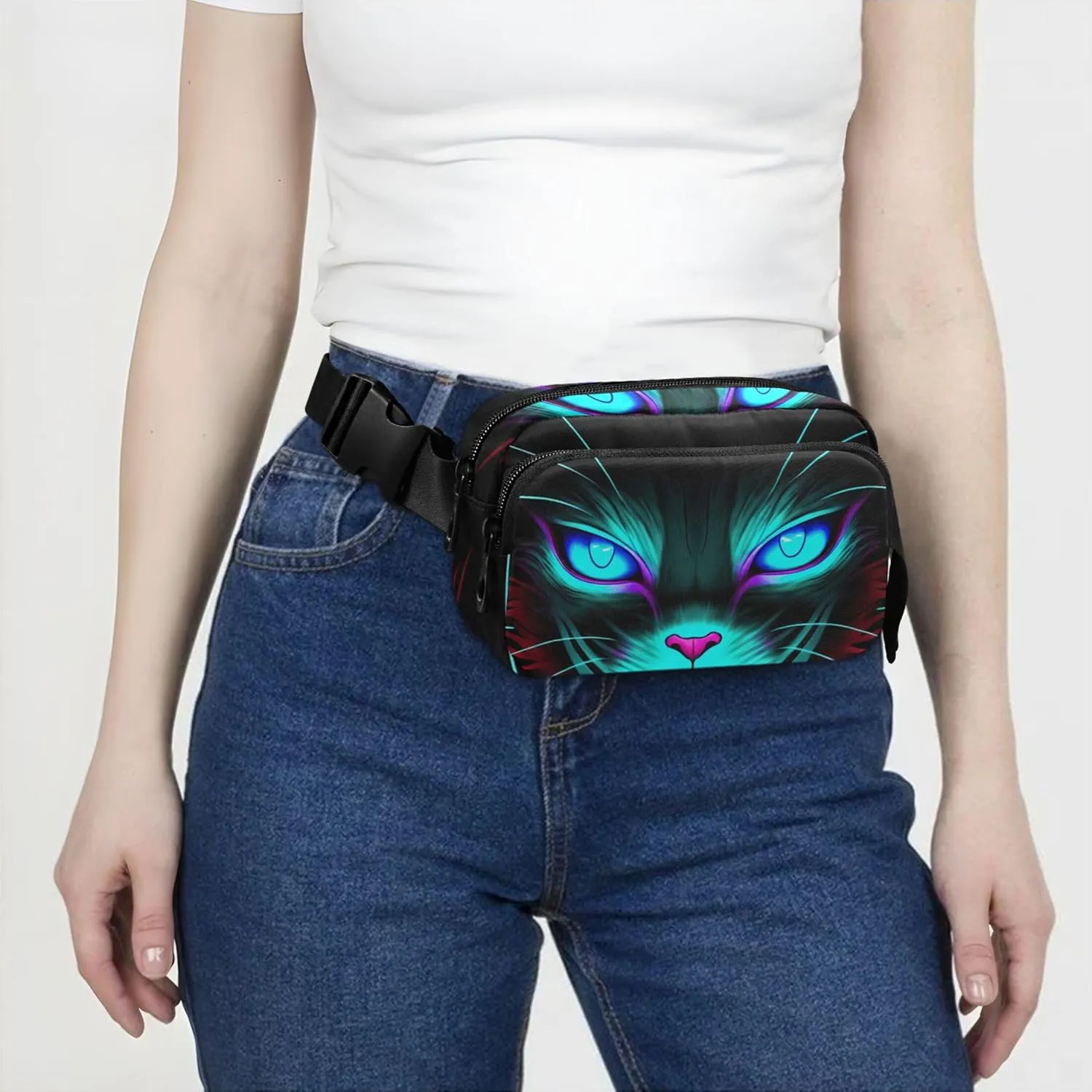 Cat Black Blue Glowing Eyes Fanny Pack for Women Hip Bag Belt Purse Waterproof Bright Waist Pouch for Women