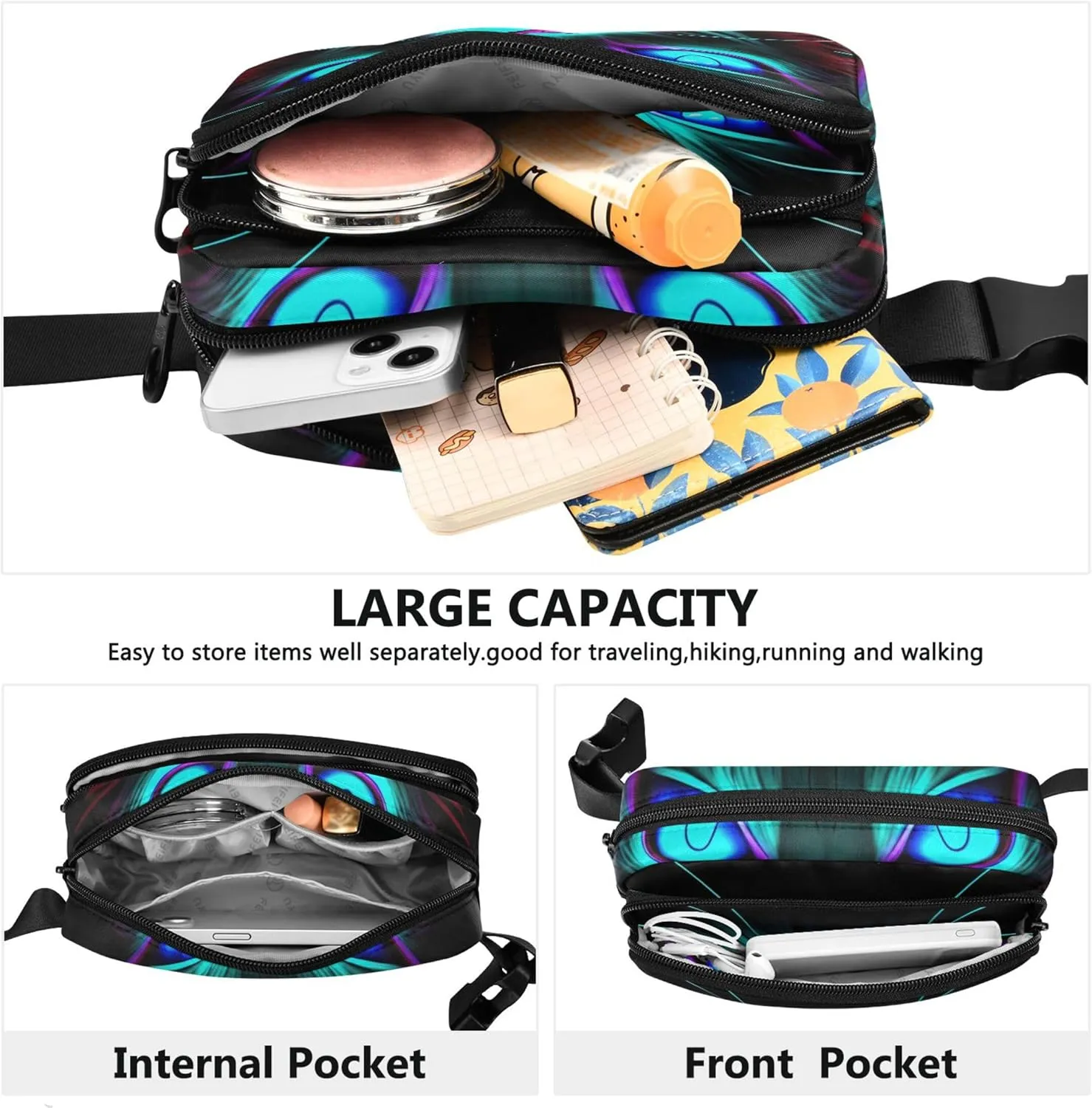 Cat Black Blue Glowing Eyes Fanny Pack for Women Hip Bag Belt Purse Waterproof Bright Waist Pouch for Women