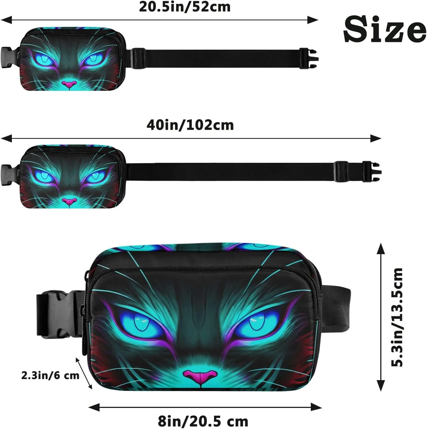 Cat Black Blue Glowing Eyes Fanny Pack for Women Hip Bag Belt Purse Waterproof Bright Waist Pouch for Women