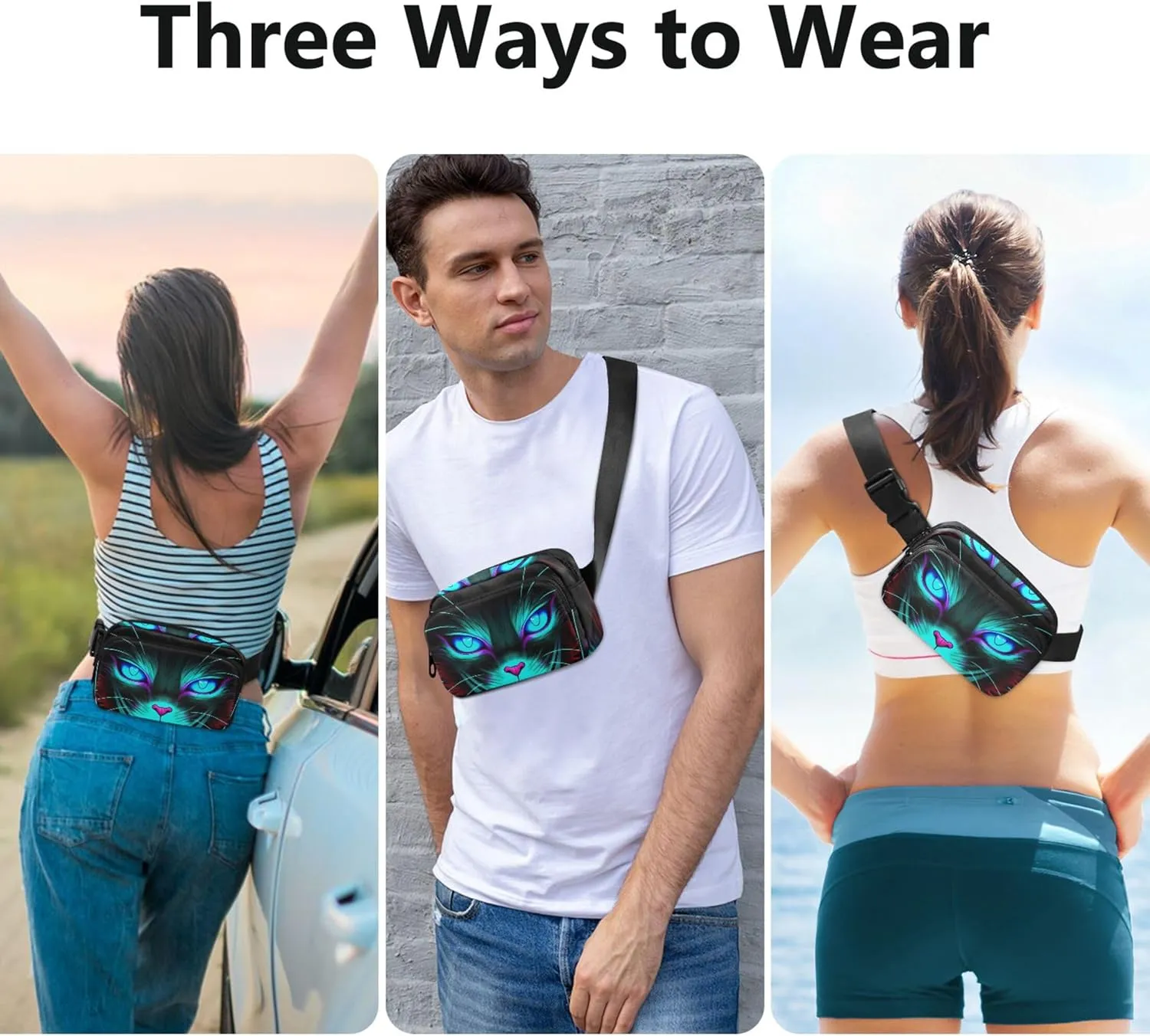Cat Black Blue Glowing Eyes Fanny Pack for Women Hip Bag Belt Purse Waterproof Bright Waist Pouch for Women