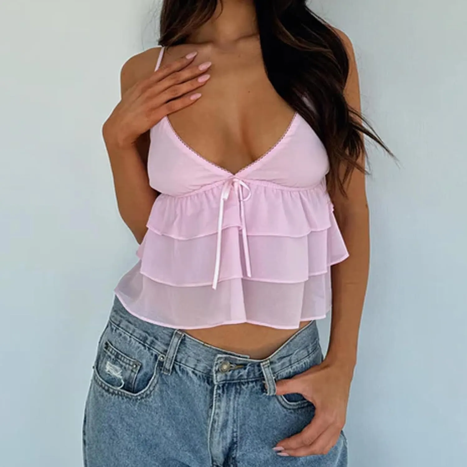 CHAUKAREAULRuffle Camisole Tops for Women Summer Beach Tanks for Women Sexy Going Out Tops Cute Peplum Babydoll Shirts