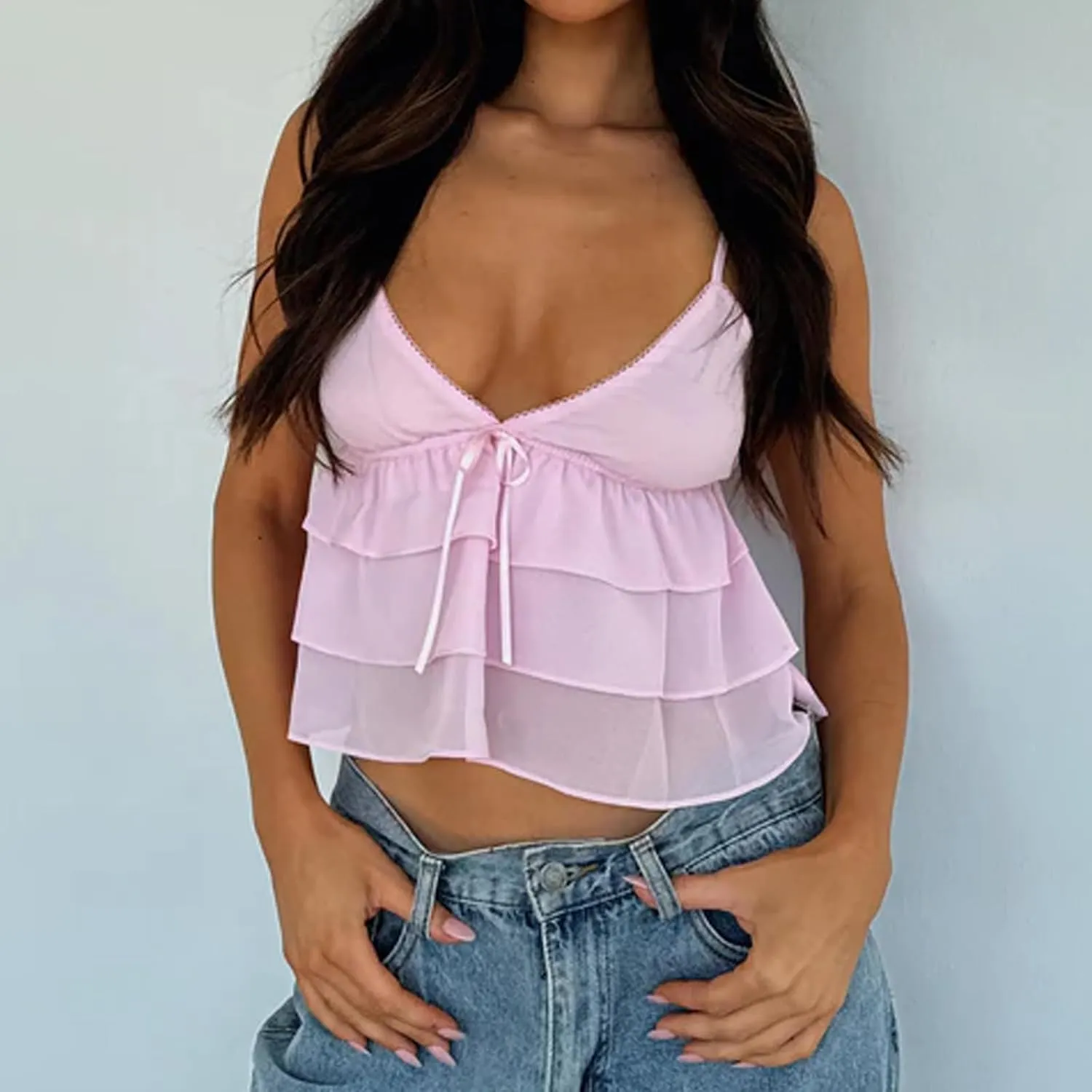 CHAUKAREAULRuffle Camisole Tops for Women Summer Beach Tanks for Women Sexy Going Out Tops Cute Peplum Babydoll Shirts