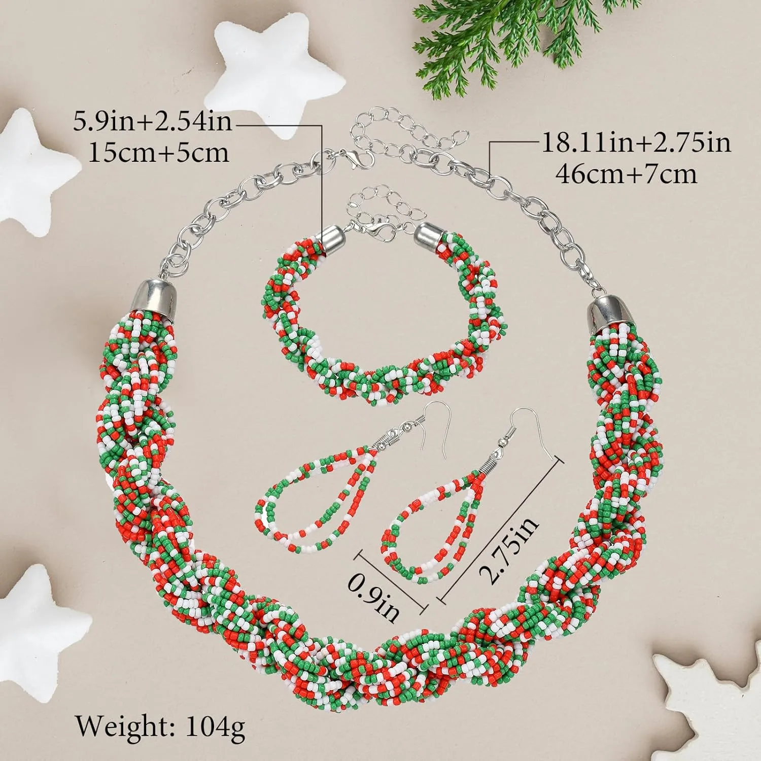 Christmas Choker Collar Set Multi-Layer Seed Beads Twist Chain Handmade Statement Necklace Crystal Earrings Bracelets Bib Boho Ethnic Jewelry