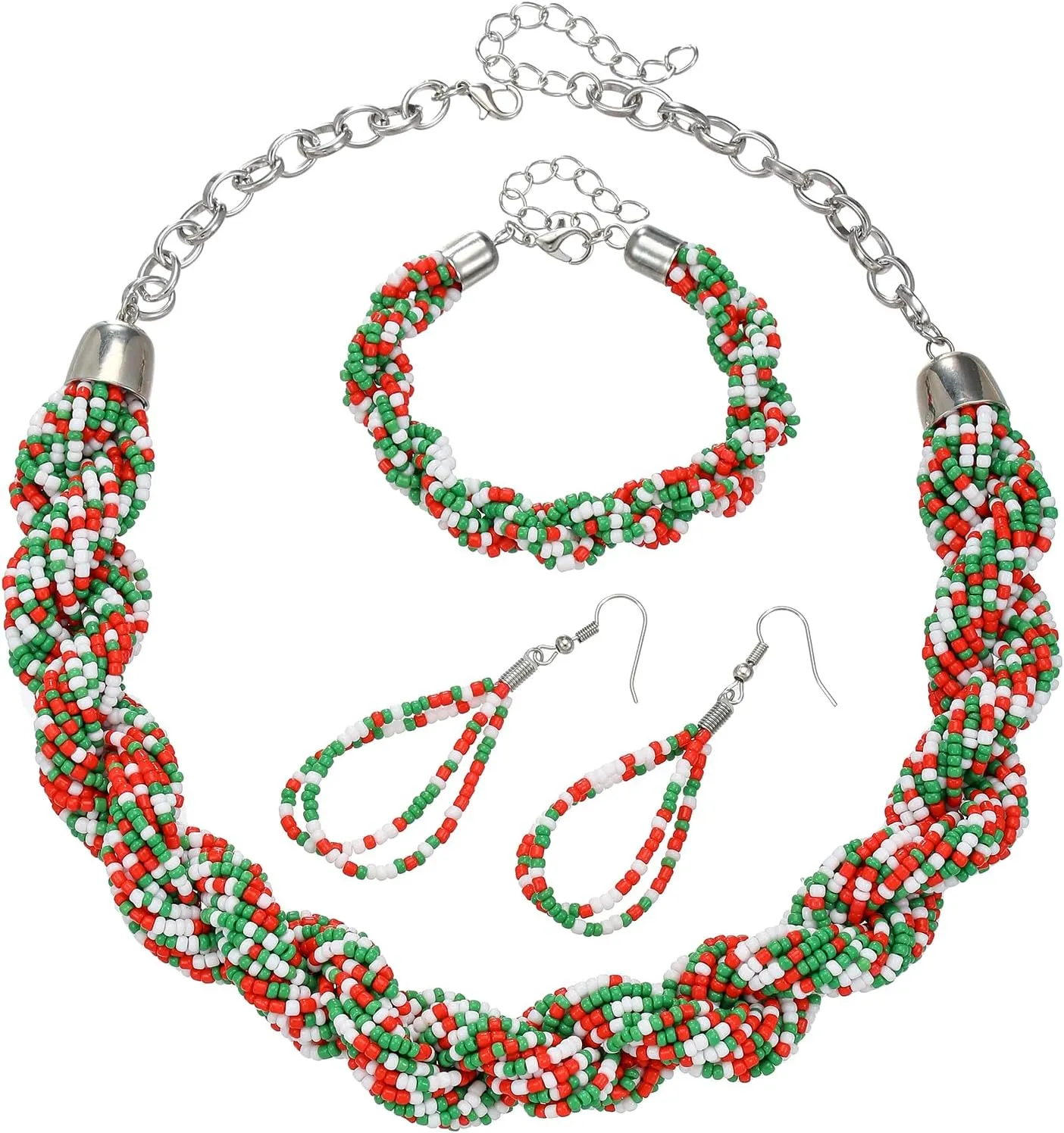 Christmas Choker Collar Set Multi-Layer Seed Beads Twist Chain Handmade Statement Necklace Crystal Earrings Bracelets Bib Boho Ethnic Jewelry