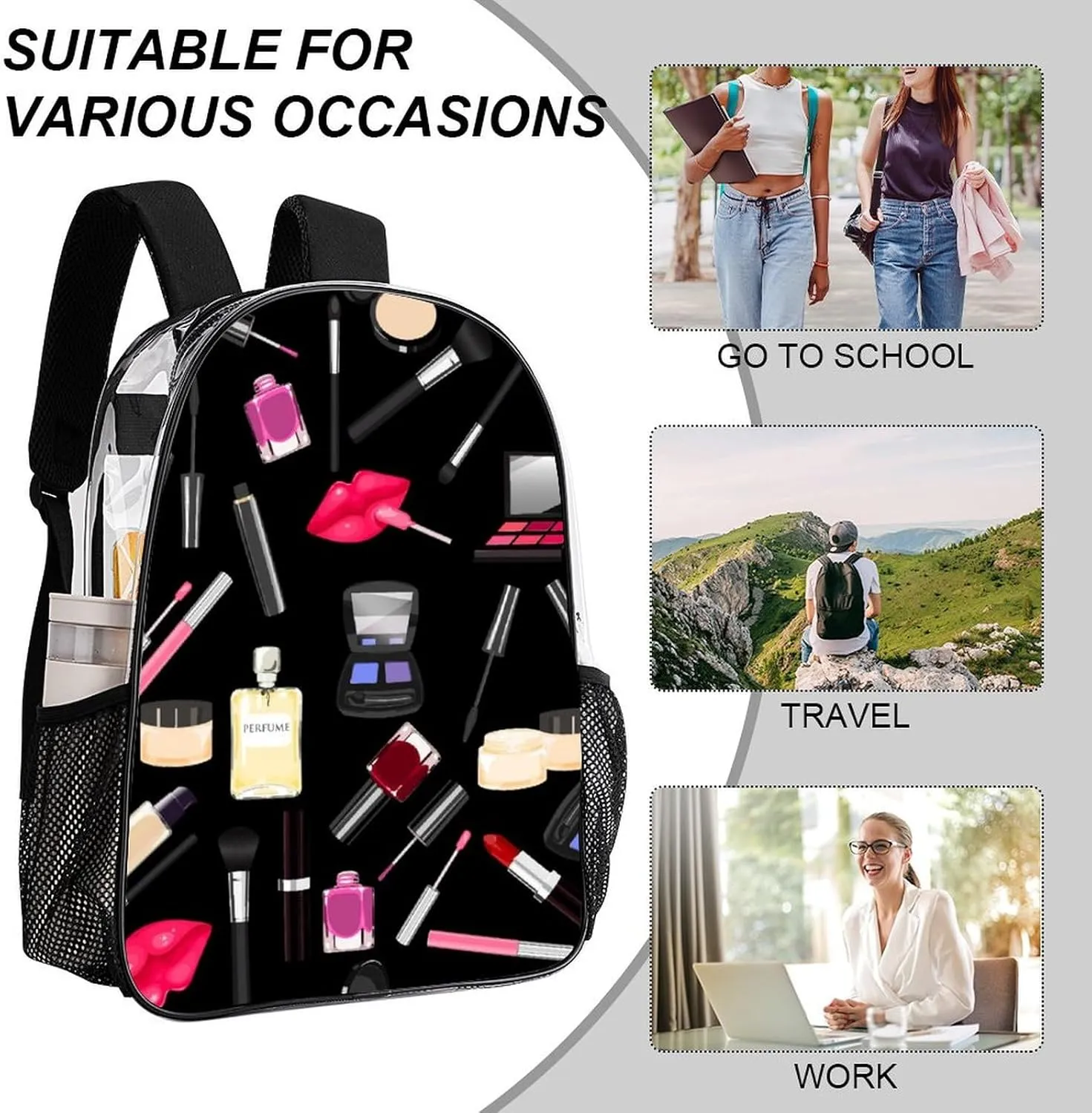 Clear Backpack Modern Lady Cosmetic Perfume Lipstick Black Stadium Approved Clear Backpacks Small Clear Bag for Sports Game Concert Events