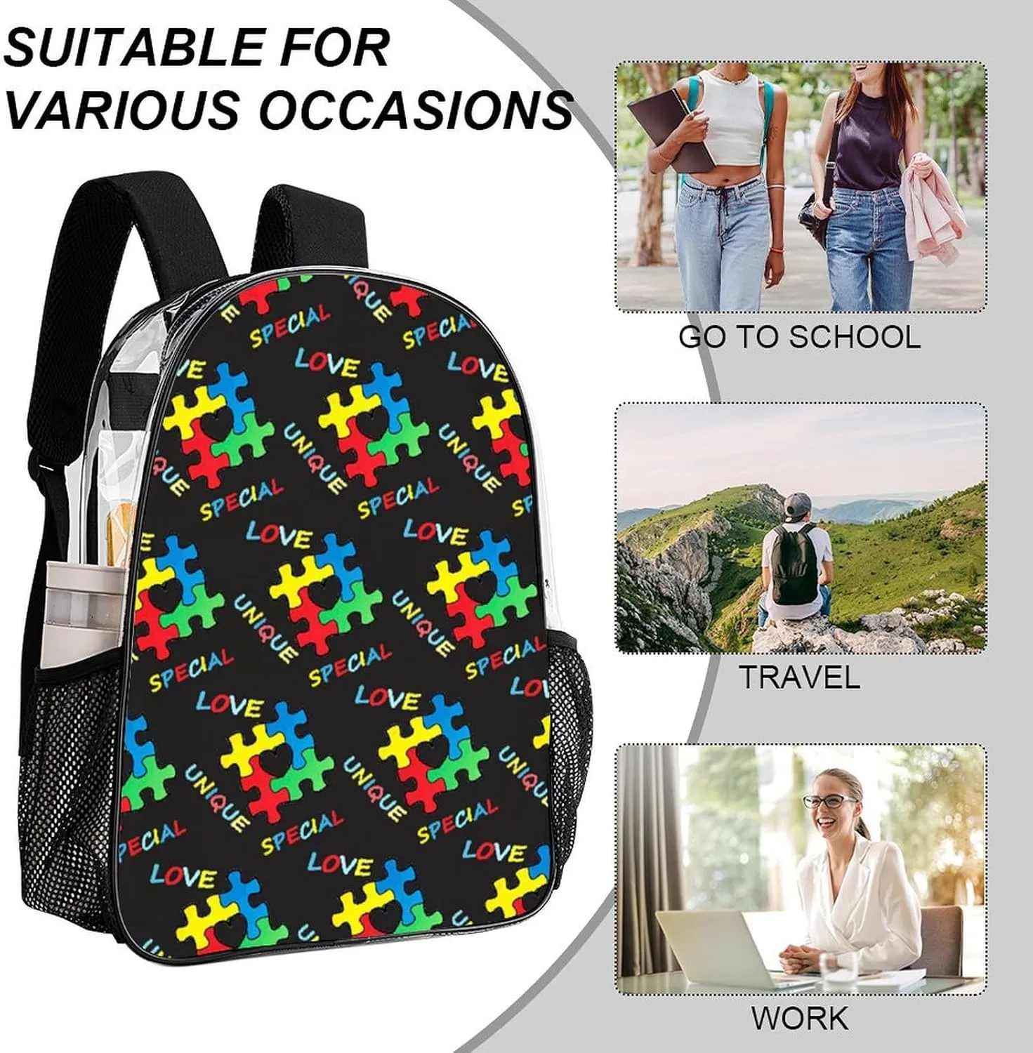 Colorful Autism Awareness Puzzle Pieces Heart Black (3) Clear Backpack See Through Backpack Heavy Duty Clear Backpacks Transparent Bookbag for Work, Security, College