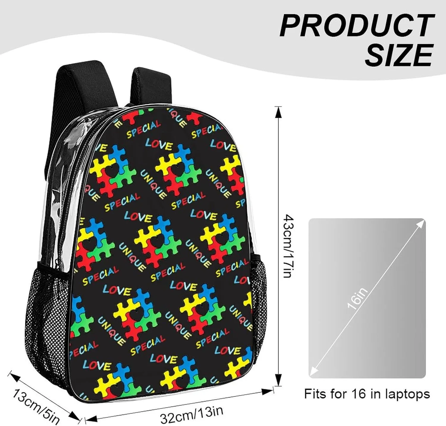 Colorful Autism Awareness Puzzle Pieces Heart Black (3) Clear Backpack See Through Backpack Heavy Duty Clear Backpacks Transparent Bookbag for Work, Security, College