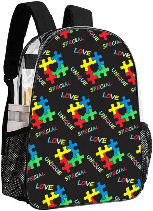 Colorful Autism Awareness Puzzle Pieces Heart Black (3) Clear Backpack See Through Backpack Heavy Duty Clear Backpacks Transparent Bookbag for Work, Security, College