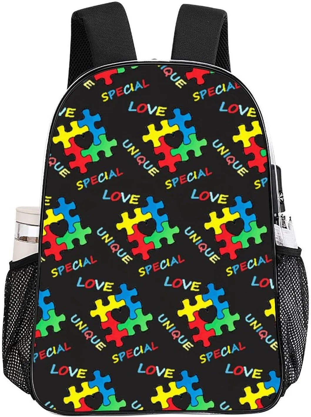Colorful Autism Awareness Puzzle Pieces Heart Black (3) Clear Backpack See Through Backpack Heavy Duty Clear Backpacks Transparent Bookbag for Work, Security, College