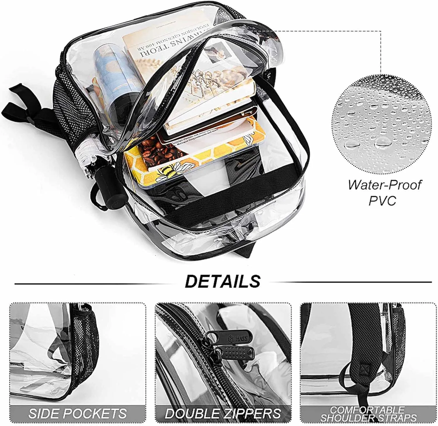 Colorful Autism Awareness Puzzle Pieces Heart Black (3) Clear Backpack See Through Backpack Heavy Duty Clear Backpacks Transparent Bookbag for Work, Security, College