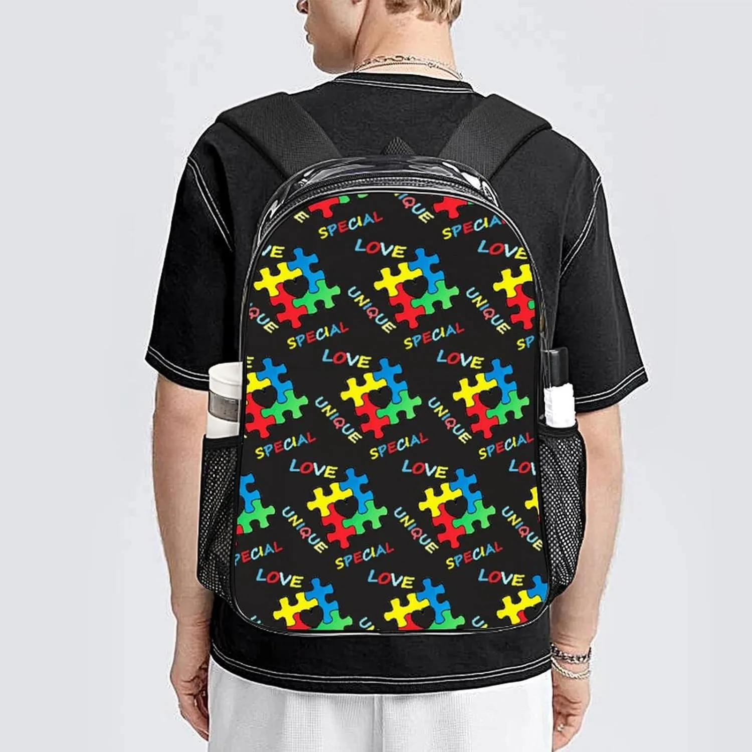 Colorful Autism Awareness Puzzle Pieces Heart Black (3) Clear Backpack See Through Backpack Heavy Duty Clear Backpacks Transparent Bookbag for Work, Security, College