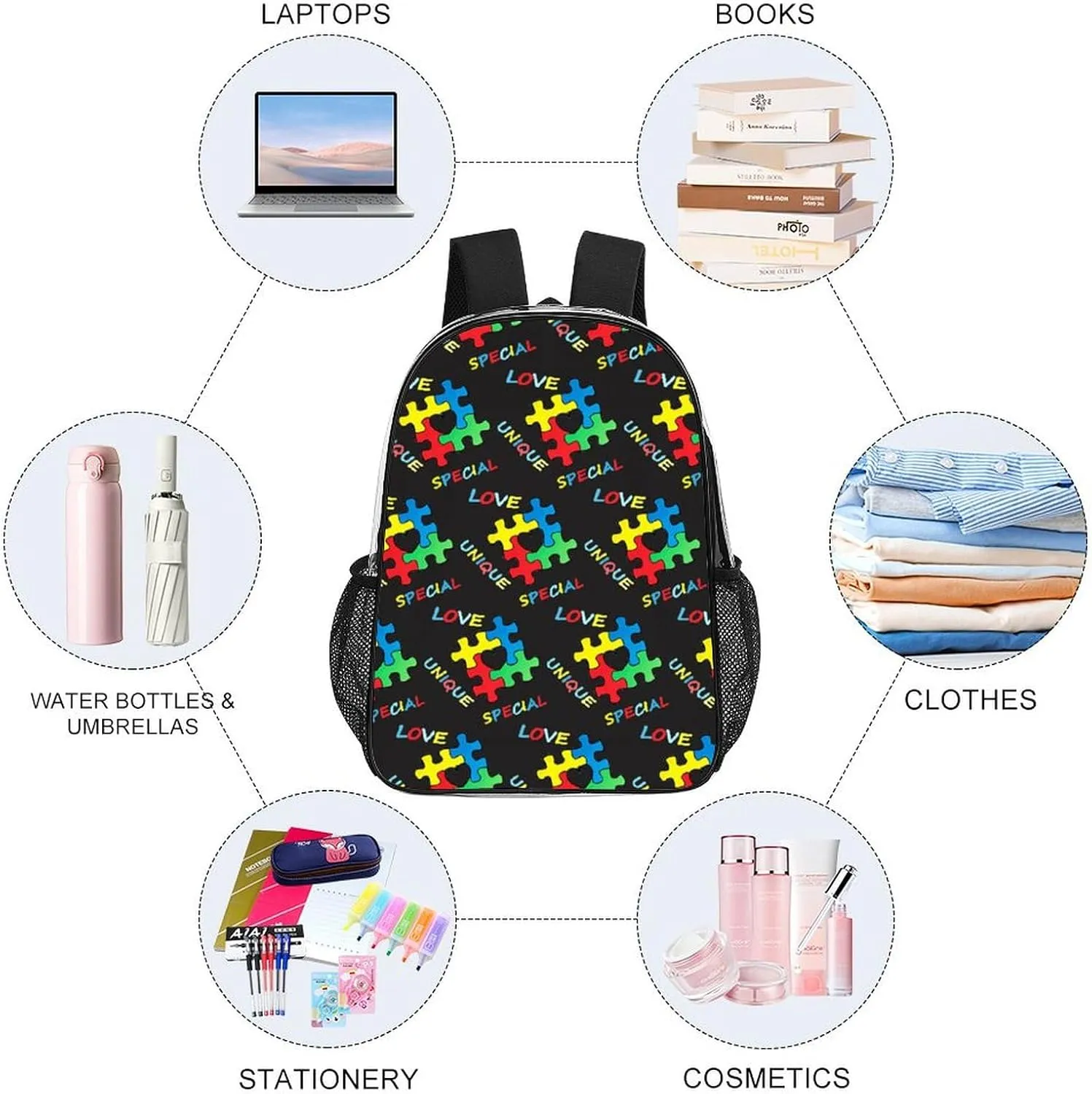 Colorful Autism Awareness Puzzle Pieces Heart Black (3) Clear Backpack See Through Backpack Heavy Duty Clear Backpacks Transparent Bookbag for Work, Security, College
