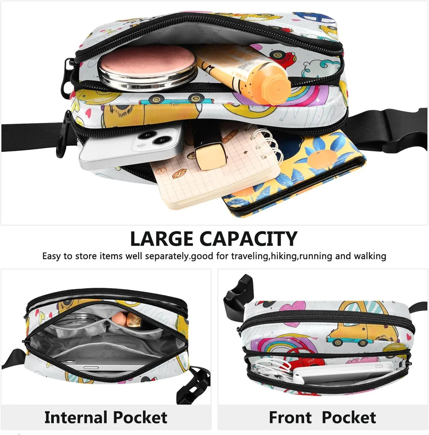 Colorful Cartoon Cars Women Fanny Pack Waterproof Large Hip Belt Bag Cute Travel Waist Bag