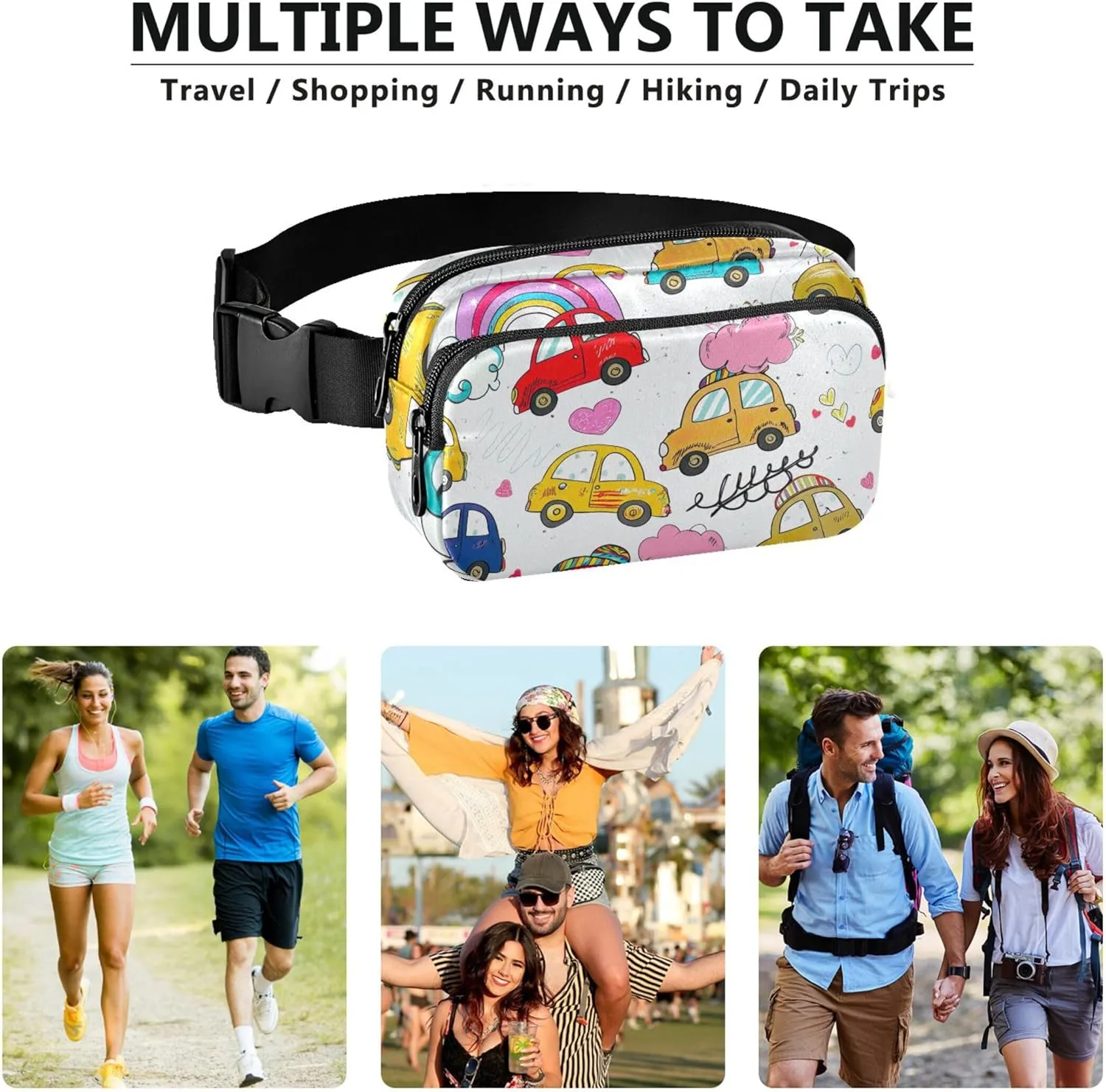 Colorful Cartoon Cars Women Fanny Pack Waterproof Large Hip Belt Bag Cute Travel Waist Bag