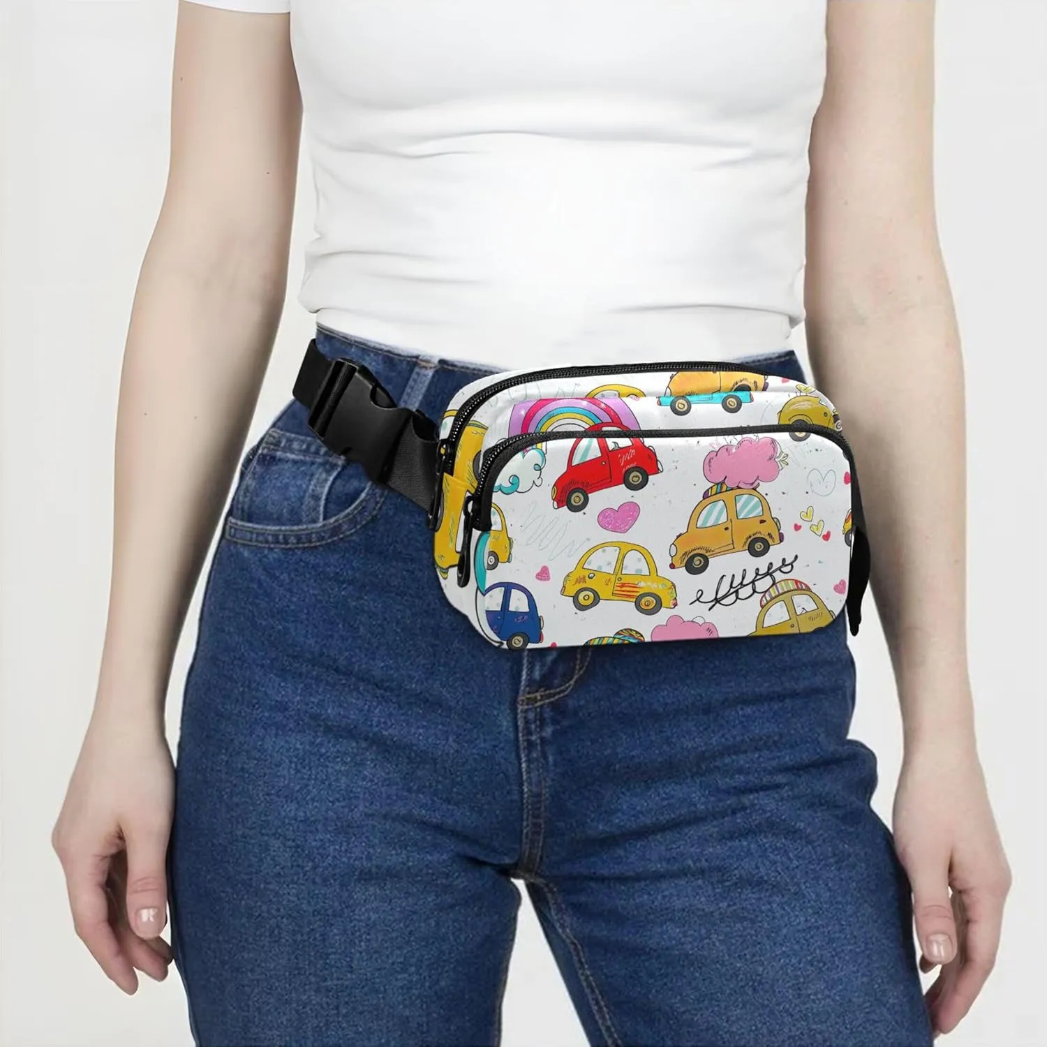 Colorful Cartoon Cars Women Fanny Pack Waterproof Large Hip Belt Bag Cute Travel Waist Bag
