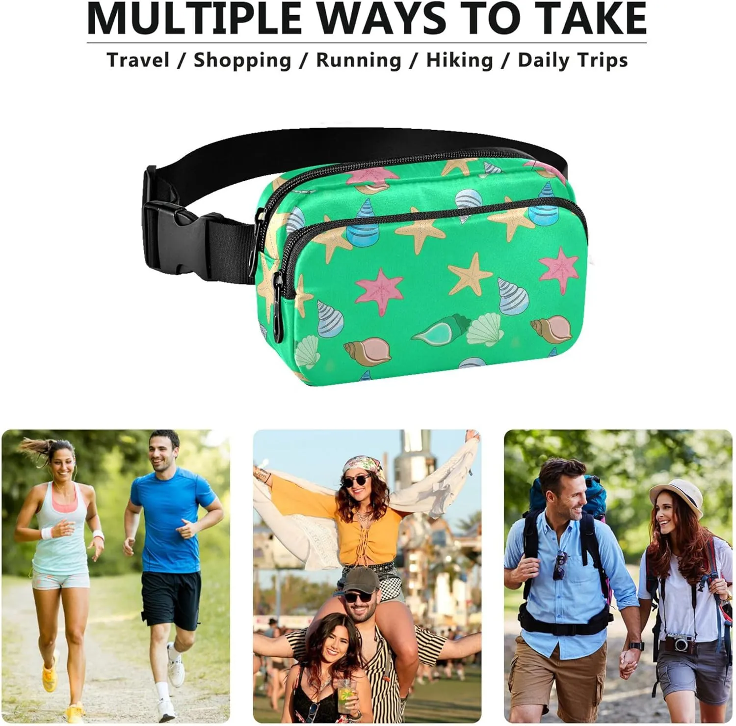 Colorful Seashells Starfish Green Womens Fanny Pack Funny Belt Bag Hip Pack Waterproof Waist Bag for Women