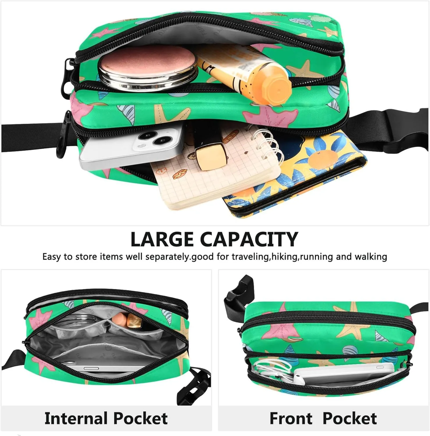 Colorful Seashells Starfish Green Womens Fanny Pack Funny Belt Bag Hip Pack Waterproof Waist Bag for Women