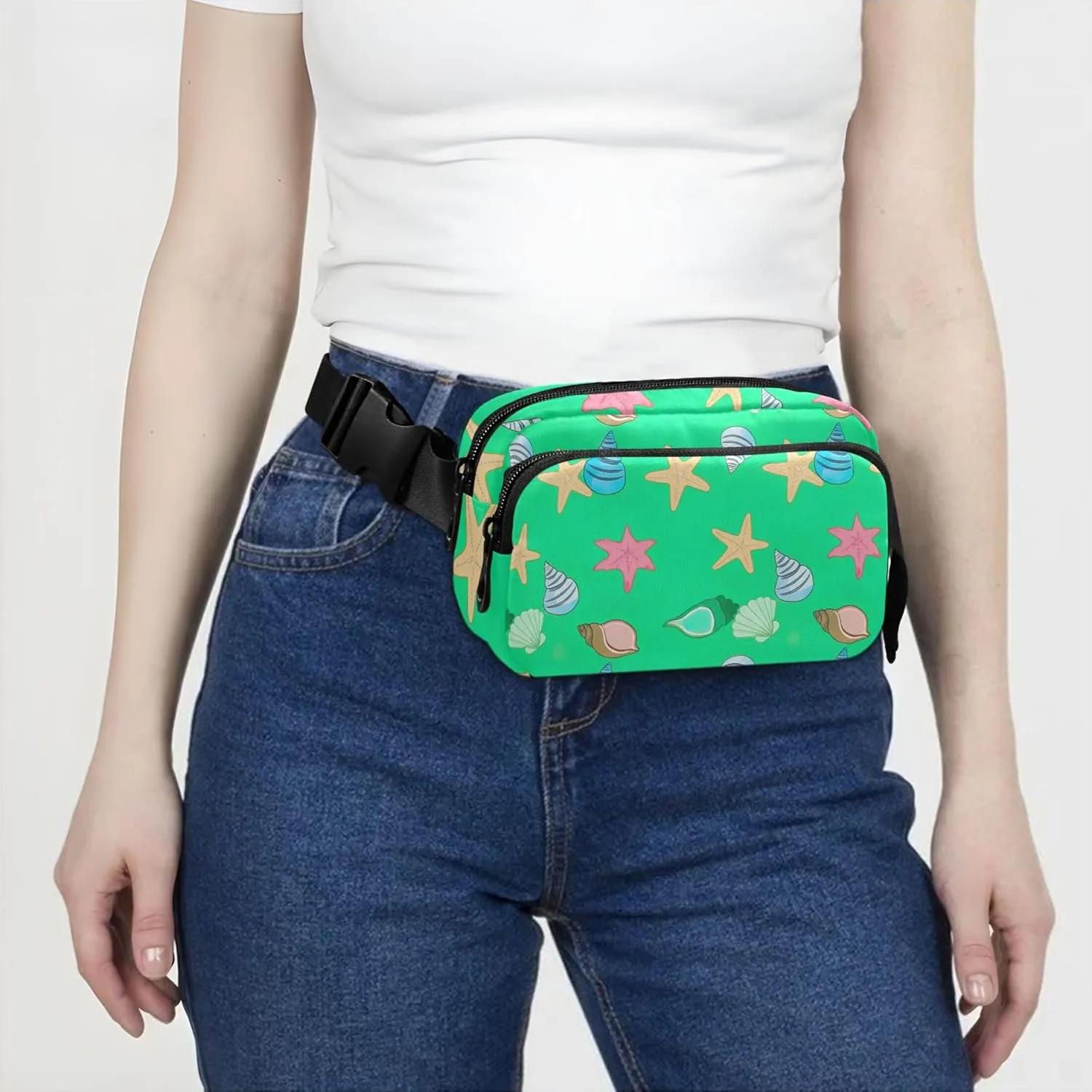 Colorful Seashells Starfish Green Womens Fanny Pack Funny Belt Bag Hip Pack Waterproof Waist Bag for Women