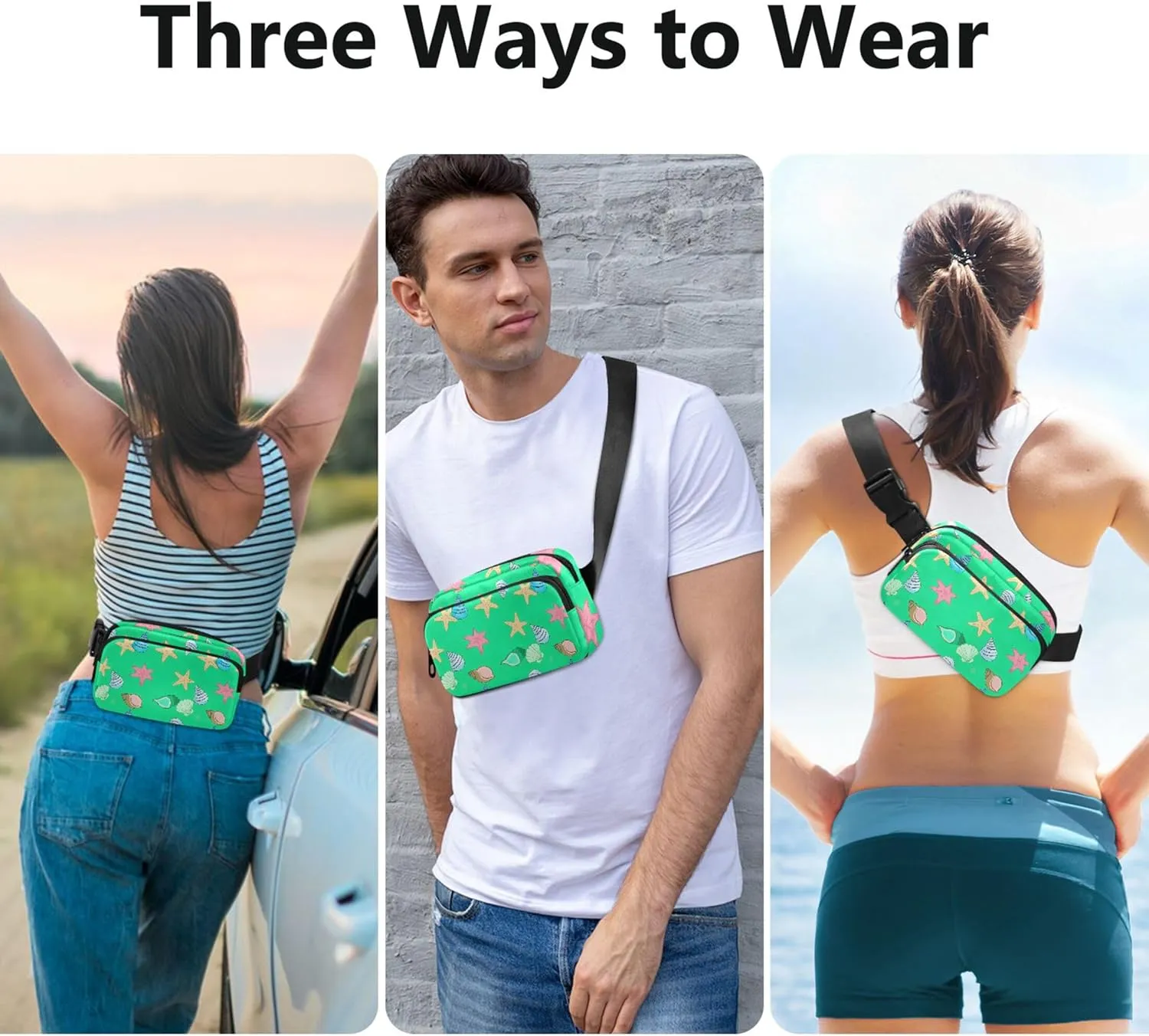 Colorful Seashells Starfish Green Womens Fanny Pack Funny Belt Bag Hip Pack Waterproof Waist Bag for Women