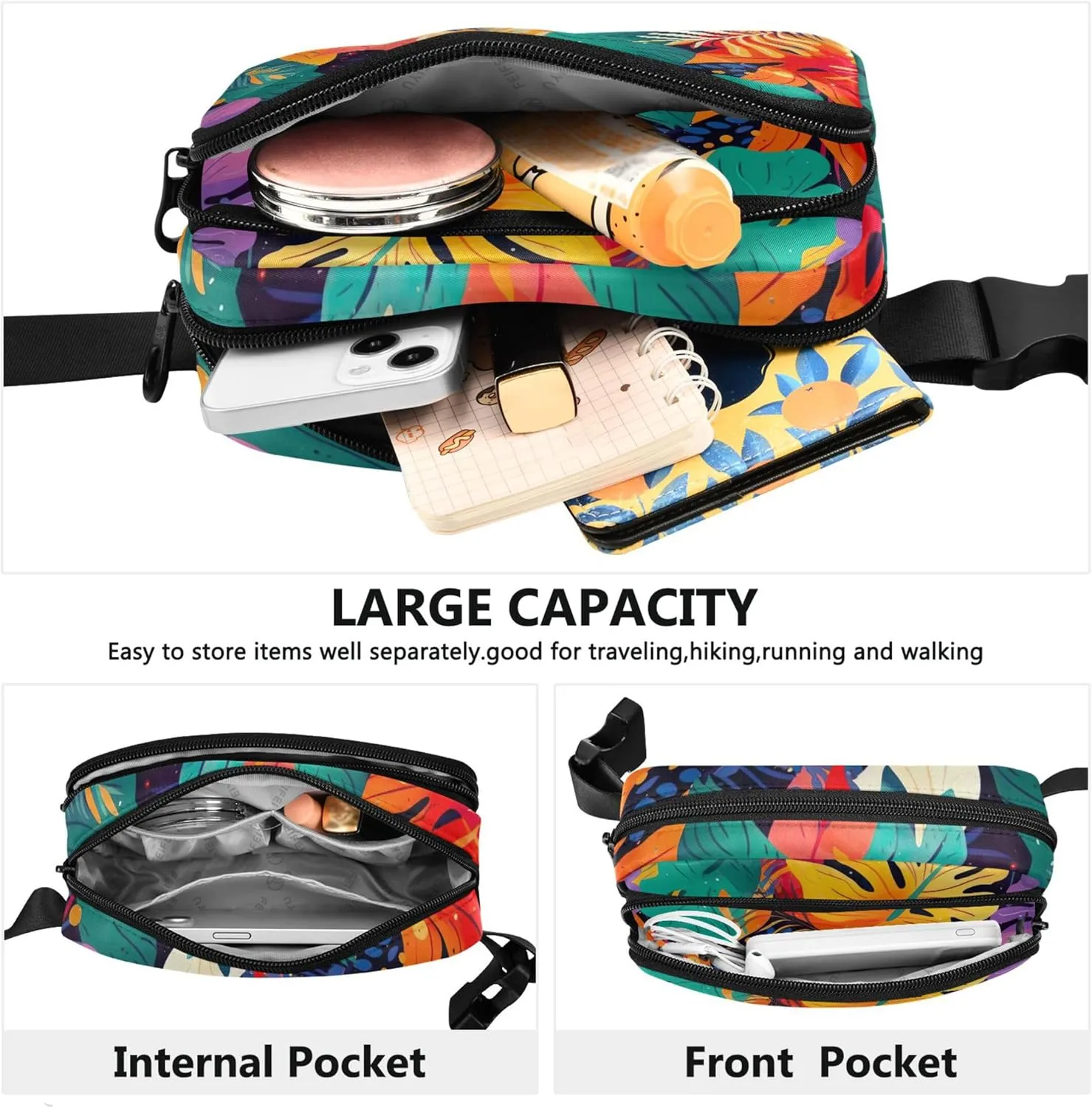 Colorful Tropical Flowers Print Waterproof Womens Fanny Pack Hip Bag Belt Purse Designer Waist Bag for Women