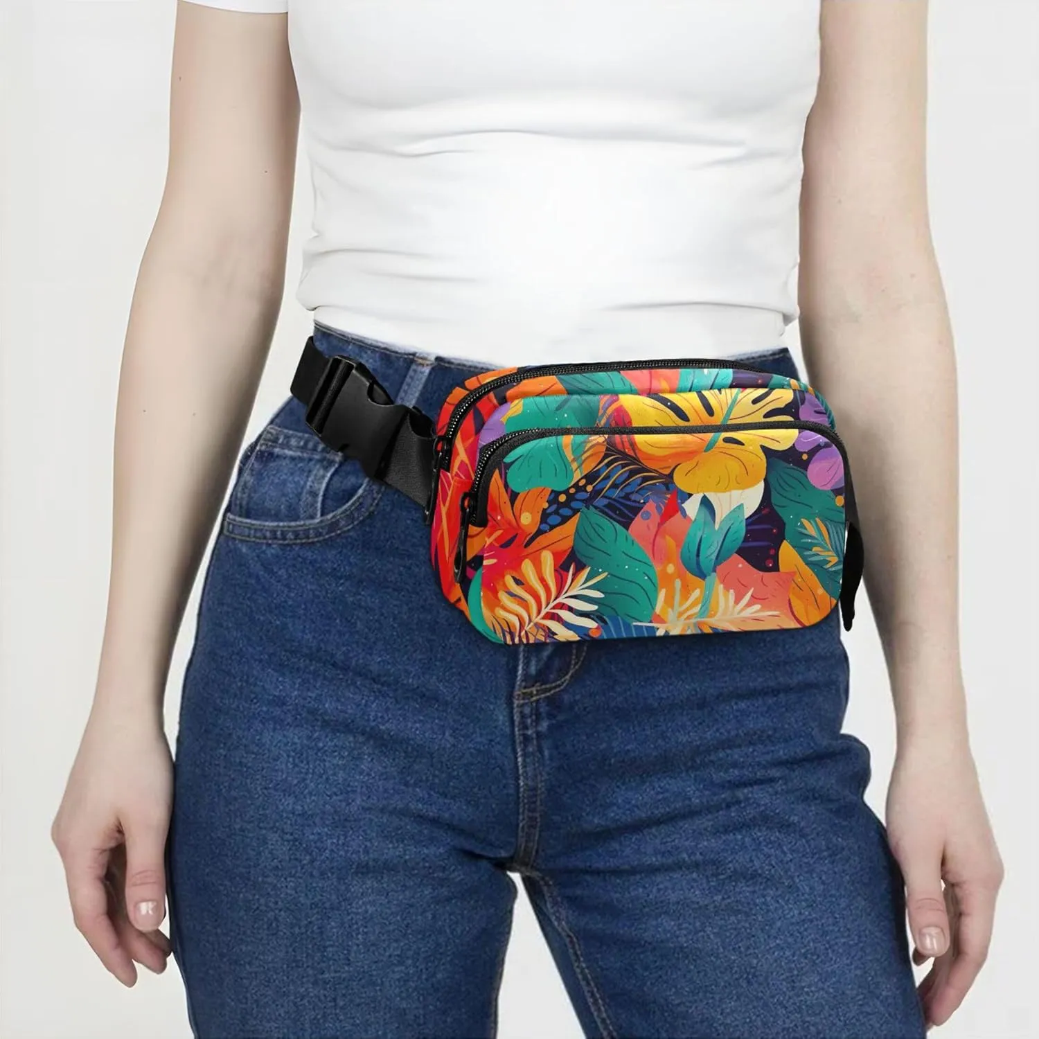 Colorful Tropical Flowers Print Waterproof Womens Fanny Pack Hip Bag Belt Purse Designer Waist Bag for Women