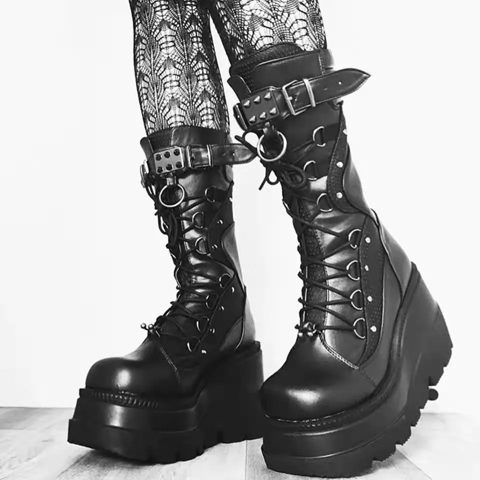 Cross-Border Wedge Knight Boots Female  New HOTan and NEWn plus Size Punk Handsome Platform Women's Mid Boots