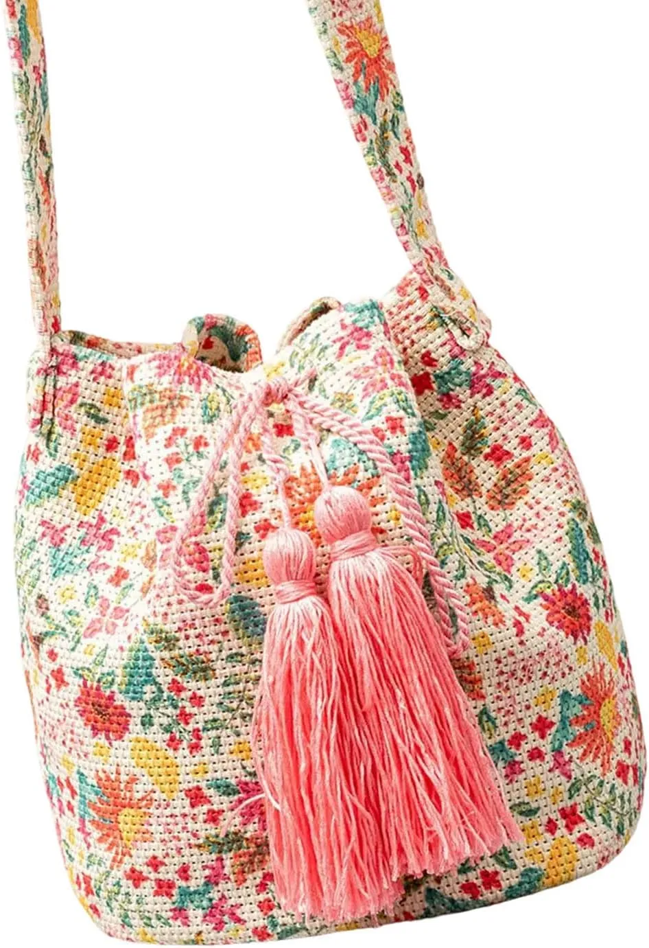 Crossbody BagsWomen Shoulder Bag Drawstring Bucket Bag Ethnic Styles Handbag Tassels Commuting Bag Trendy Crossbody Bag for Vacation