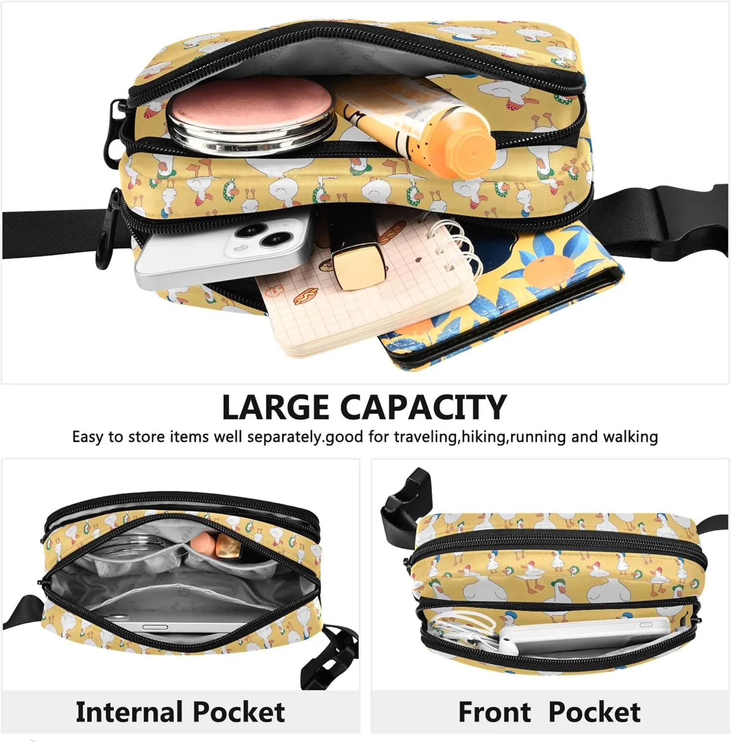 Custom Cartoon Duck Cute Fanny Packs Women Waterproof Belt Bag Hip Pack Bright Colored Cross Body Waist Purse