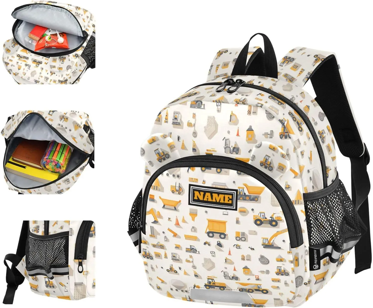 Custom Cute Ears Toddler School Bag Leash Boy's/Girl's Anti-Lost Personalized Backpack With Water Bottle Pocket with Reflective Strip M Construction Scene Build A House Grader Concrete Mixer Truck