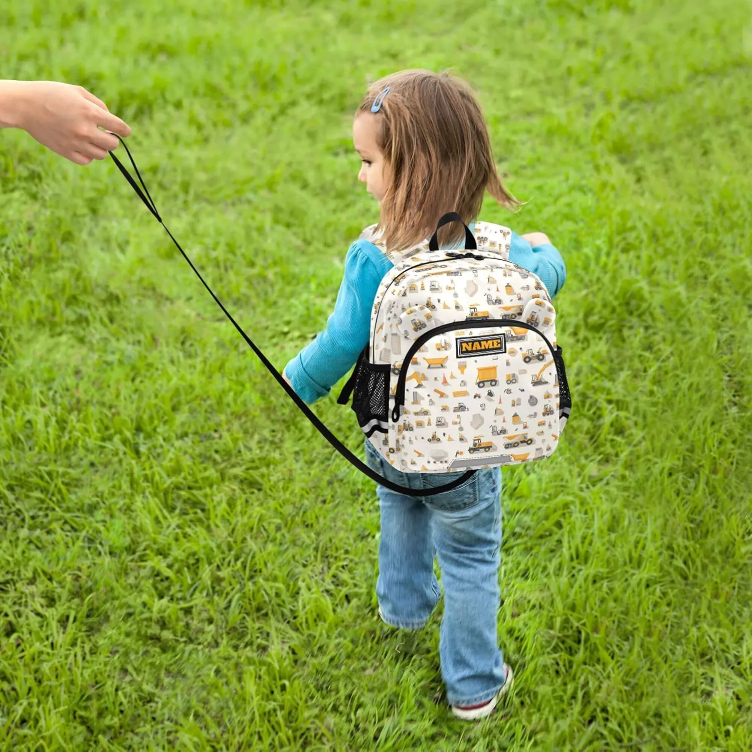 Custom Cute Ears Toddler School Bag Leash Boy's/Girl's Anti-Lost Personalized Backpack With Water Bottle Pocket with Reflective Strip M Construction Scene Build A House Grader Concrete Mixer Truck