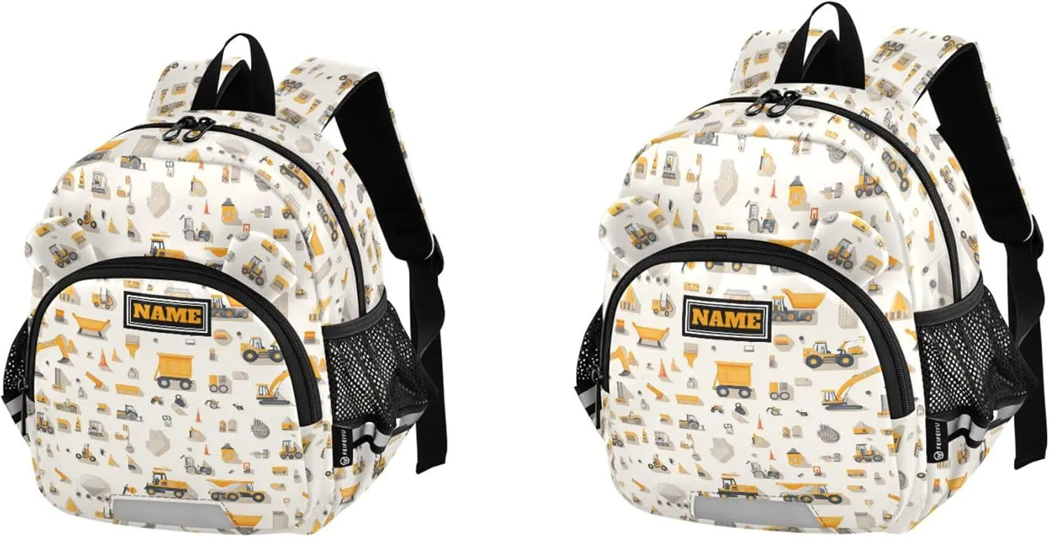 Custom Cute Ears Toddler School Bag Leash Boy's/Girl's Anti-Lost Personalized Backpack With Water Bottle Pocket with Reflective Strip M Construction Scene Build A House Grader Concrete Mixer Truck