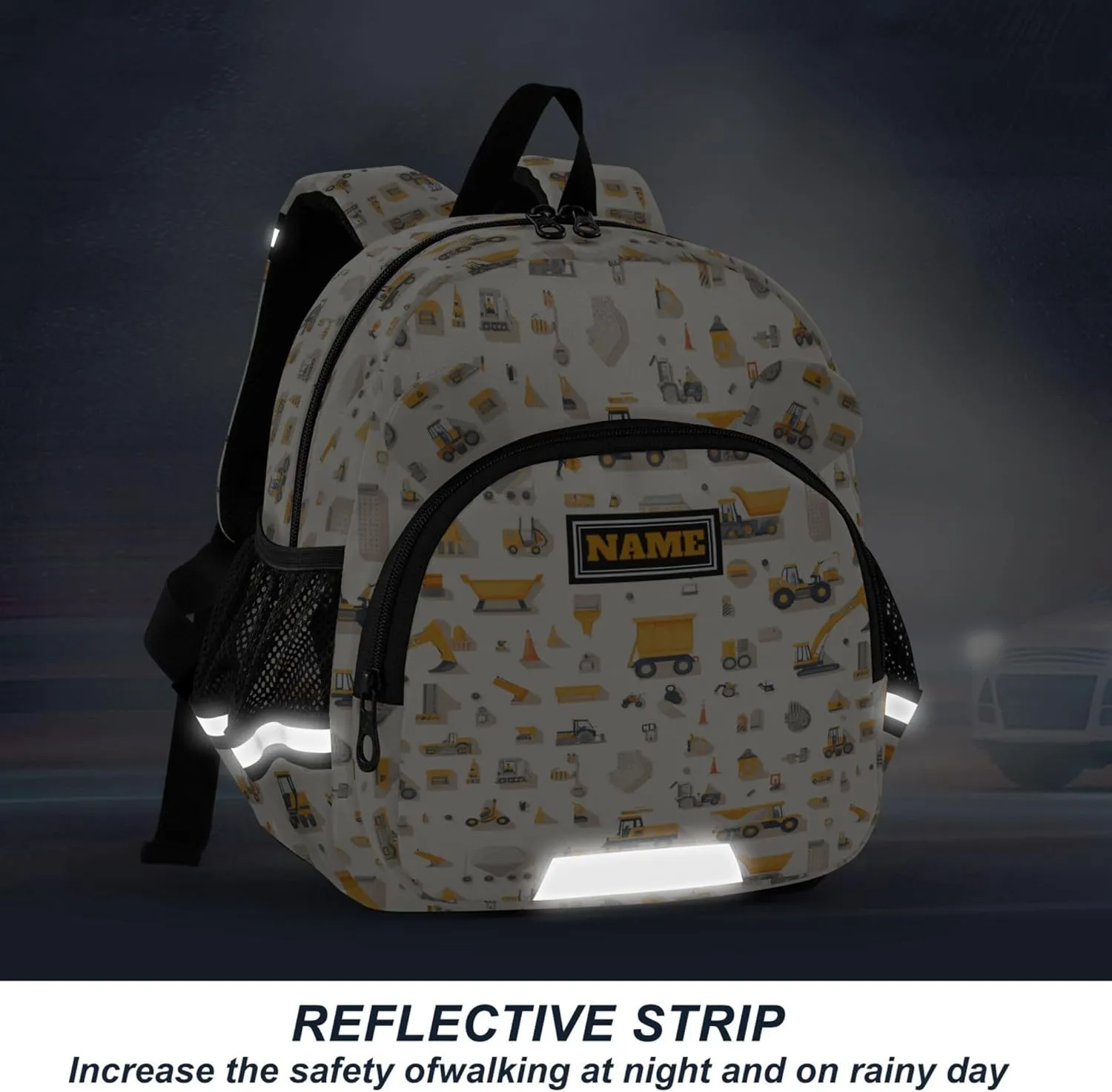 Custom Cute Ears Toddler School Bag Leash Boy's/Girl's Anti-Lost Personalized Backpack With Water Bottle Pocket with Reflective Strip M Construction Scene Build A House Grader Concrete Mixer Truck