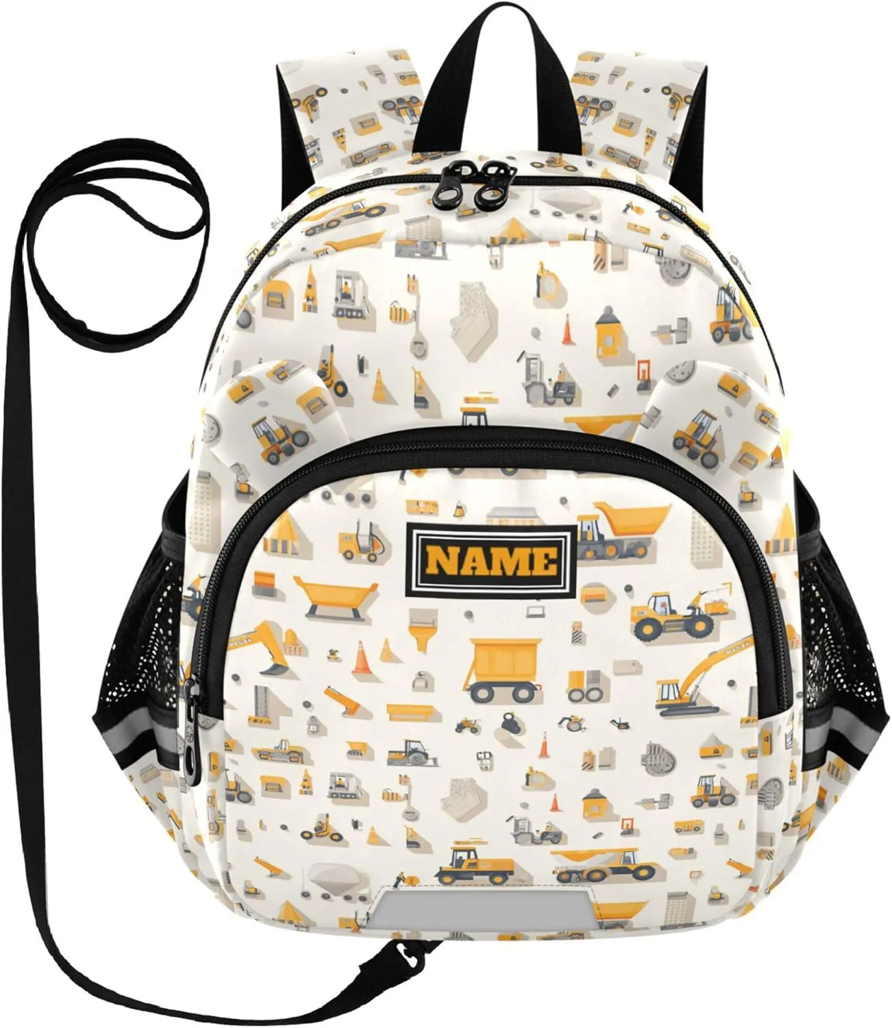 Custom Cute Ears Toddler School Bag Leash Boy's/Girl's Anti-Lost Personalized Backpack With Water Bottle Pocket with Reflective Strip M Construction Scene Build A House Grader Concrete Mixer Truck