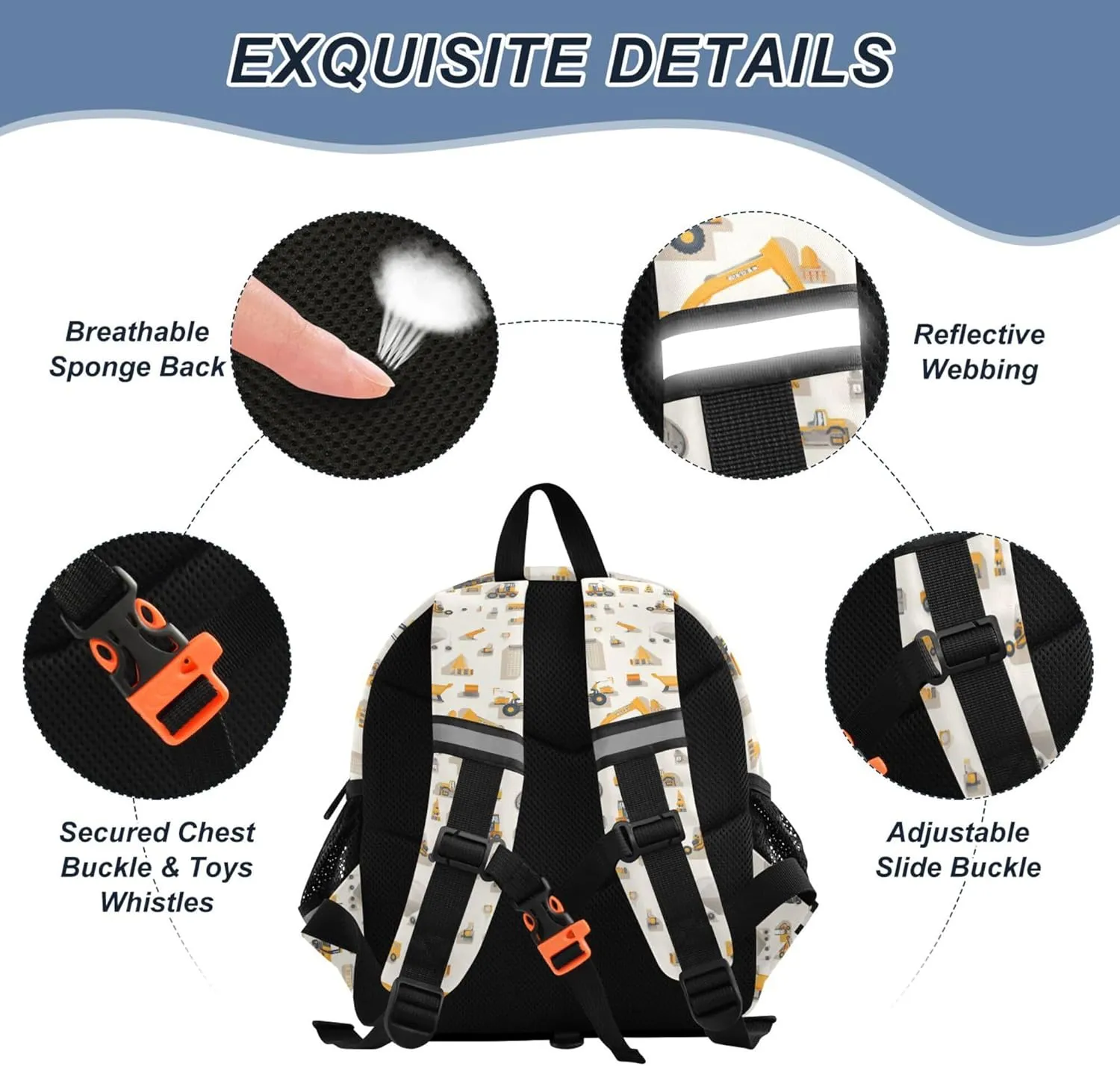 Custom Cute Ears Toddler School Bag Leash Boy's/Girl's Anti-Lost Personalized Backpack With Water Bottle Pocket with Reflective Strip M Construction Scene Build A House Grader Concrete Mixer Truck