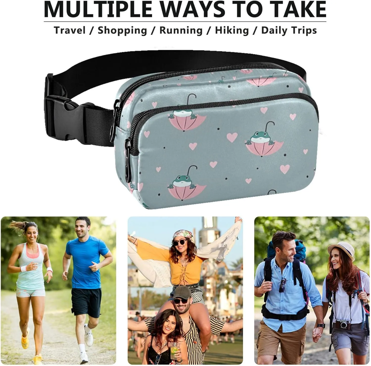 Custom Cute Frog Umbrella Women Fanny Pack Everywhere Belt Bag Waterproof Hiking Waist Bag for Women