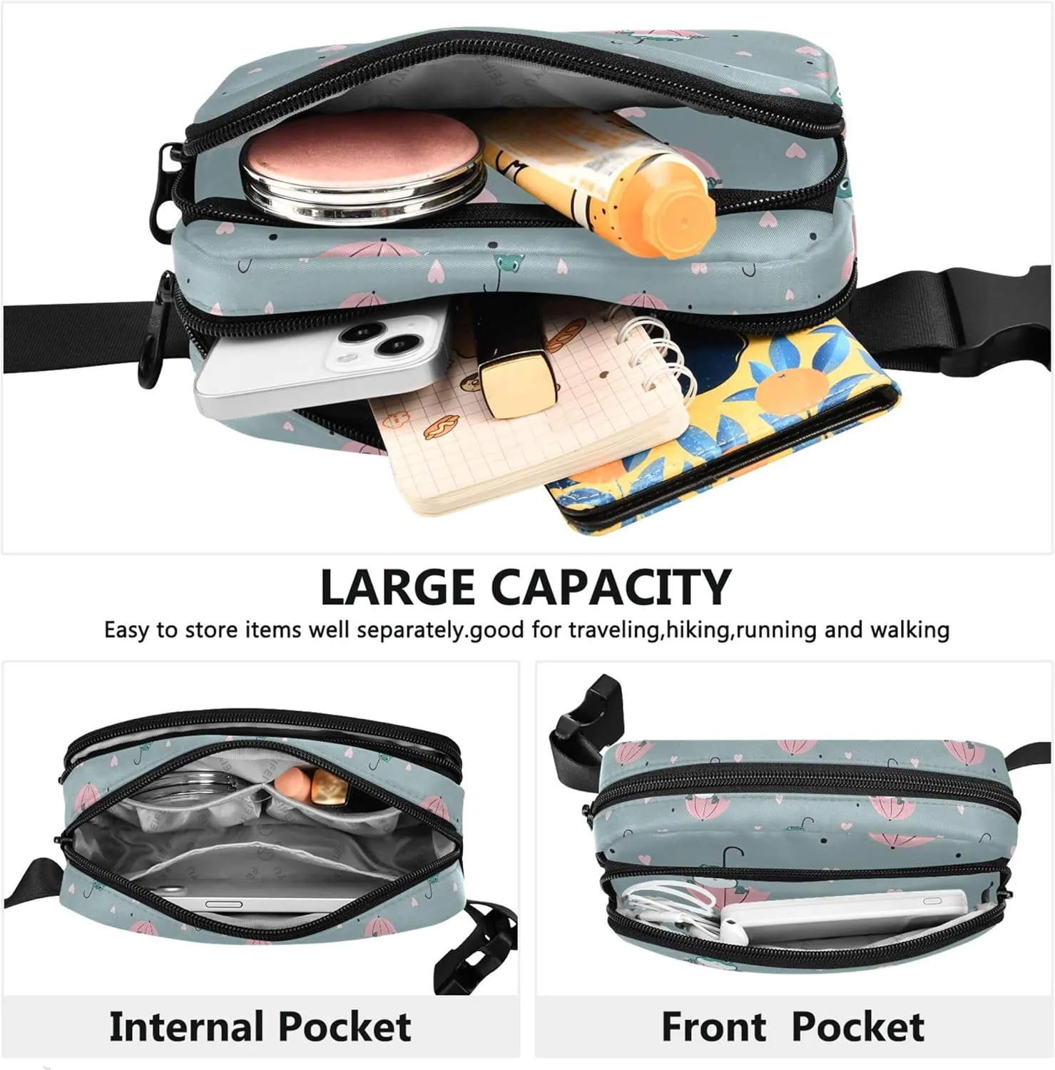 Custom Cute Frog Umbrella Women Fanny Pack Everywhere Belt Bag Waterproof Hiking Waist Bag for Women