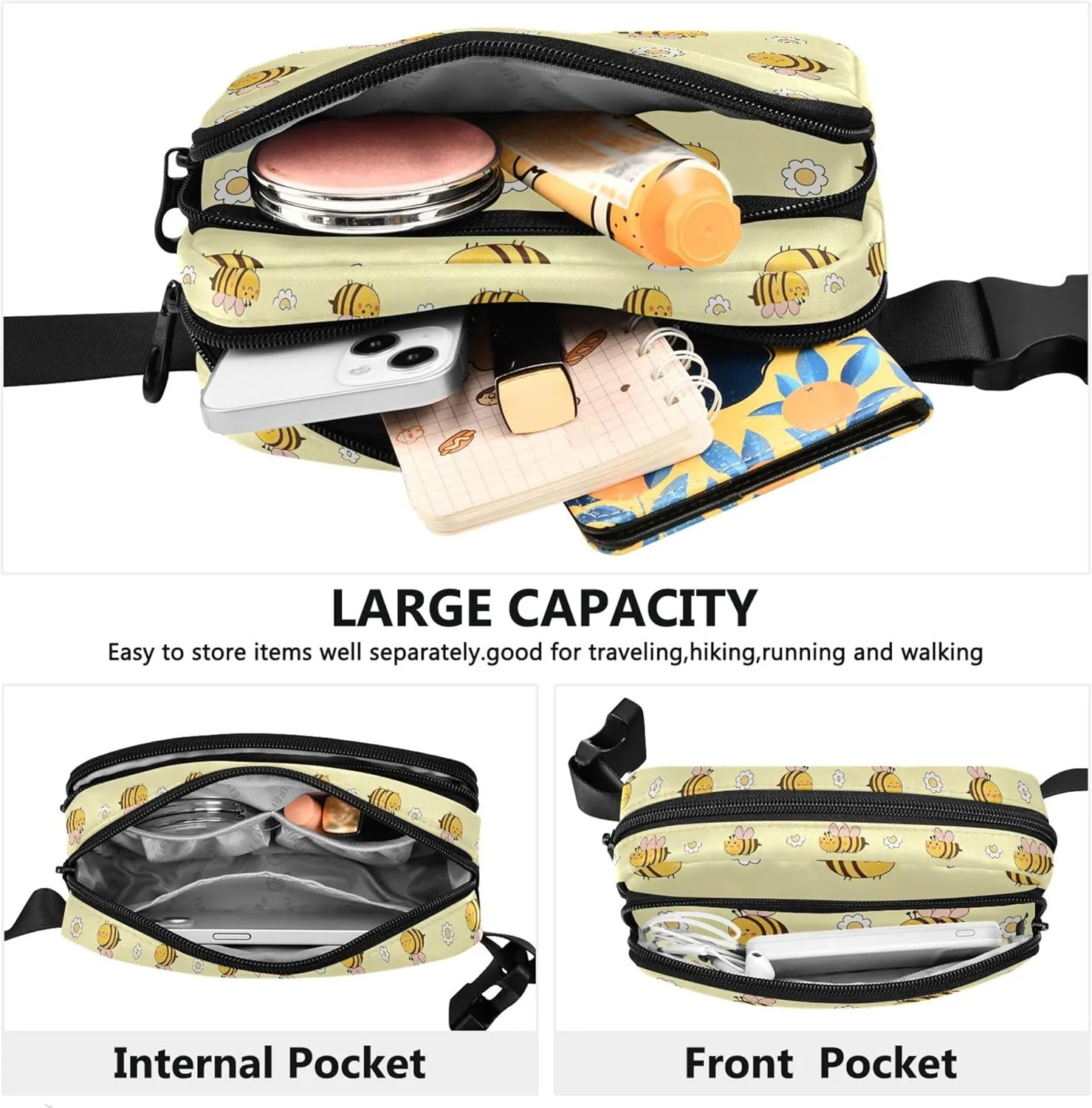 Cute Bee Flower Yellow Womens Fanny Pack Waterproof Belt Bag Hip Pack Cute Waist Purse for Women
