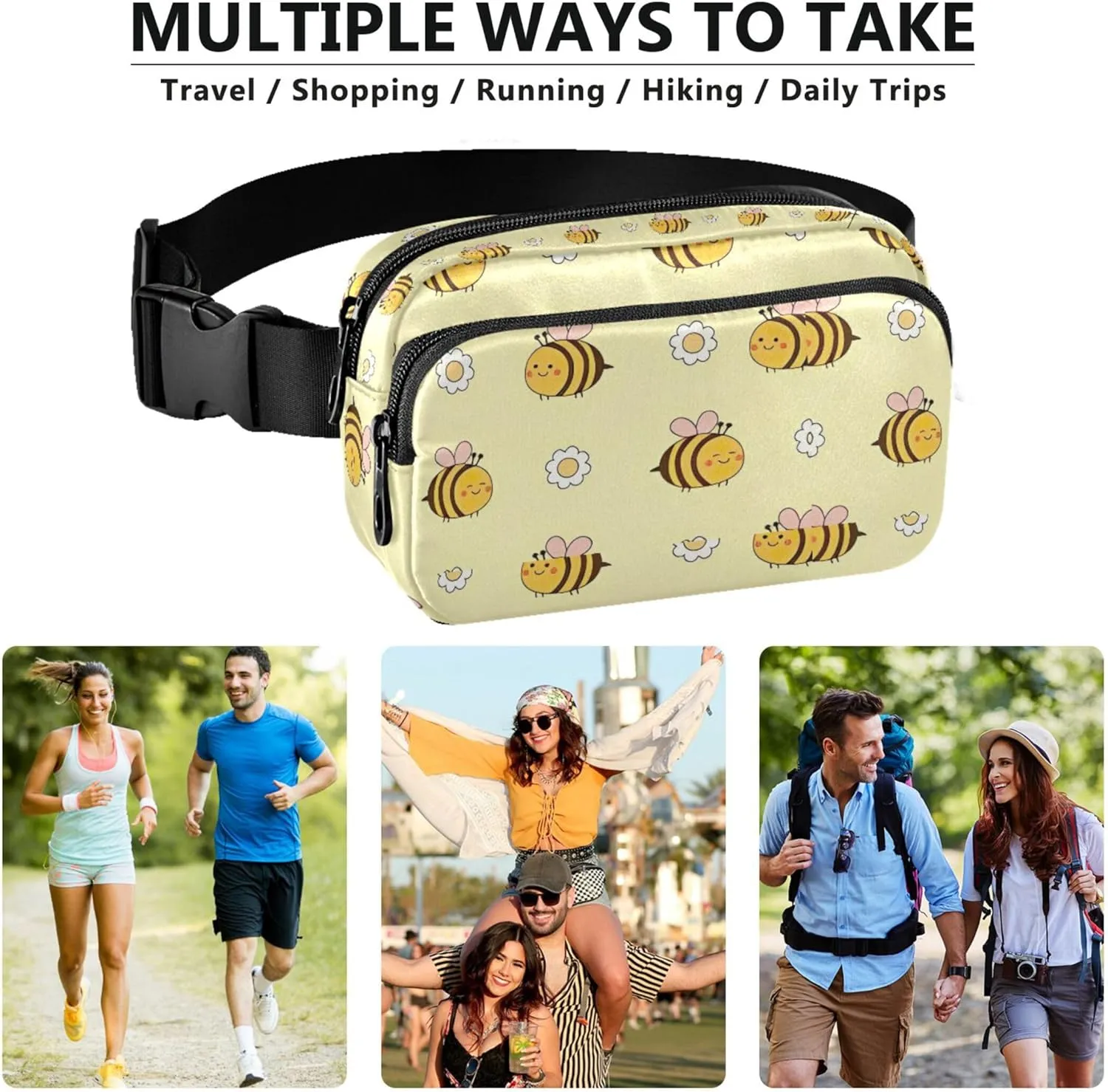 Cute Bee Flower Yellow Womens Fanny Pack Waterproof Belt Bag Hip Pack Cute Waist Purse for Women