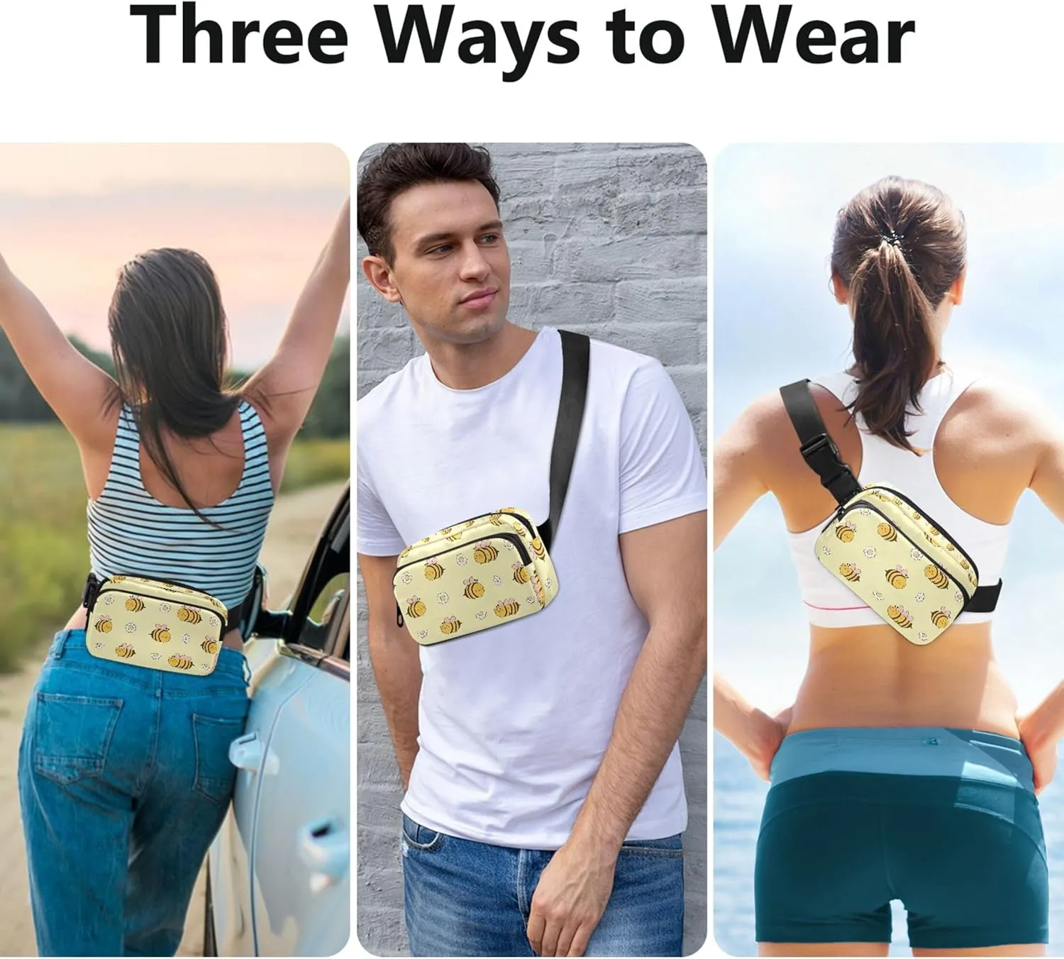 Cute Bee Flower Yellow Womens Fanny Pack Waterproof Belt Bag Hip Pack Cute Waist Purse for Women