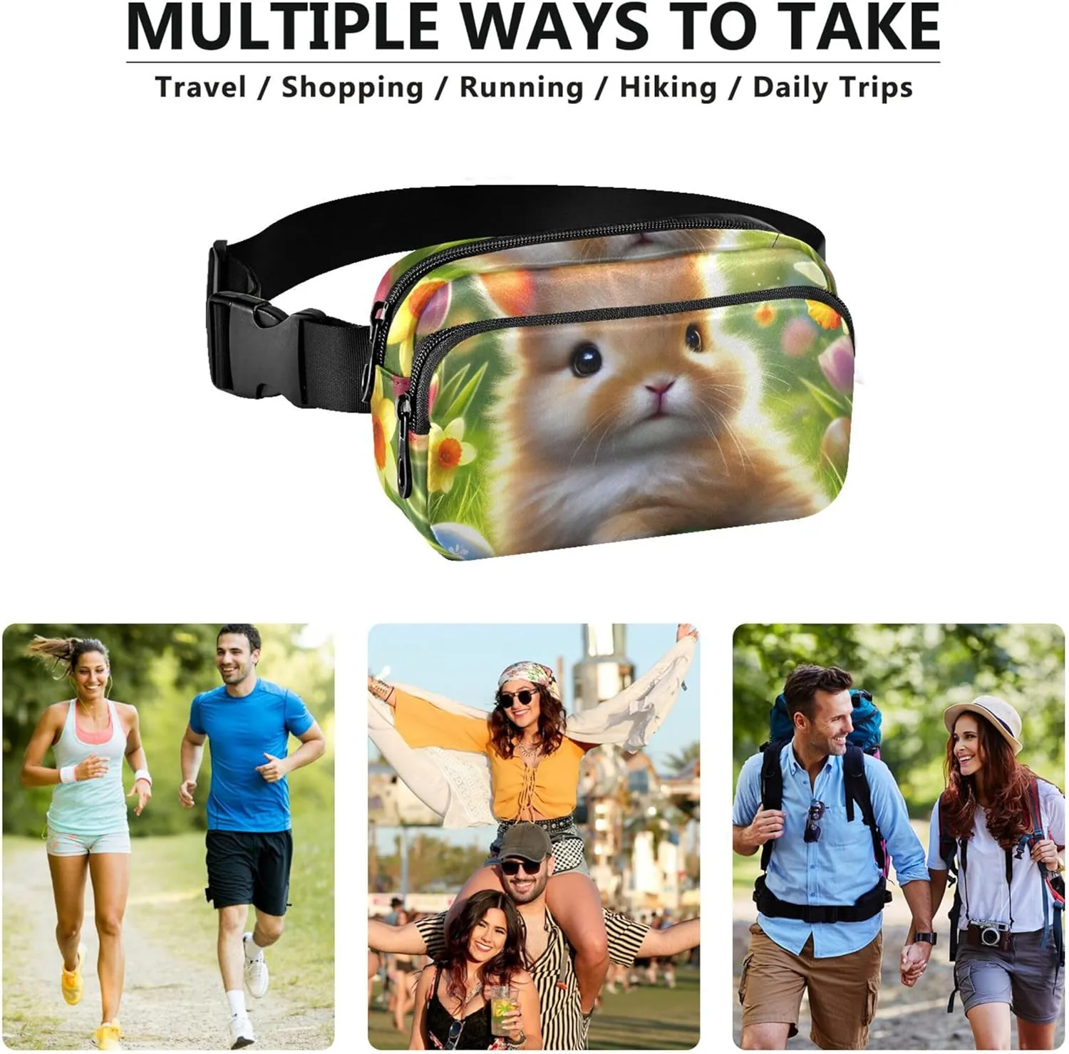 Cute Bunny Green Meadow Women Fanny Packs Trendy Hip Bag Belt Purse Waterproof Cross Body Waist Purse