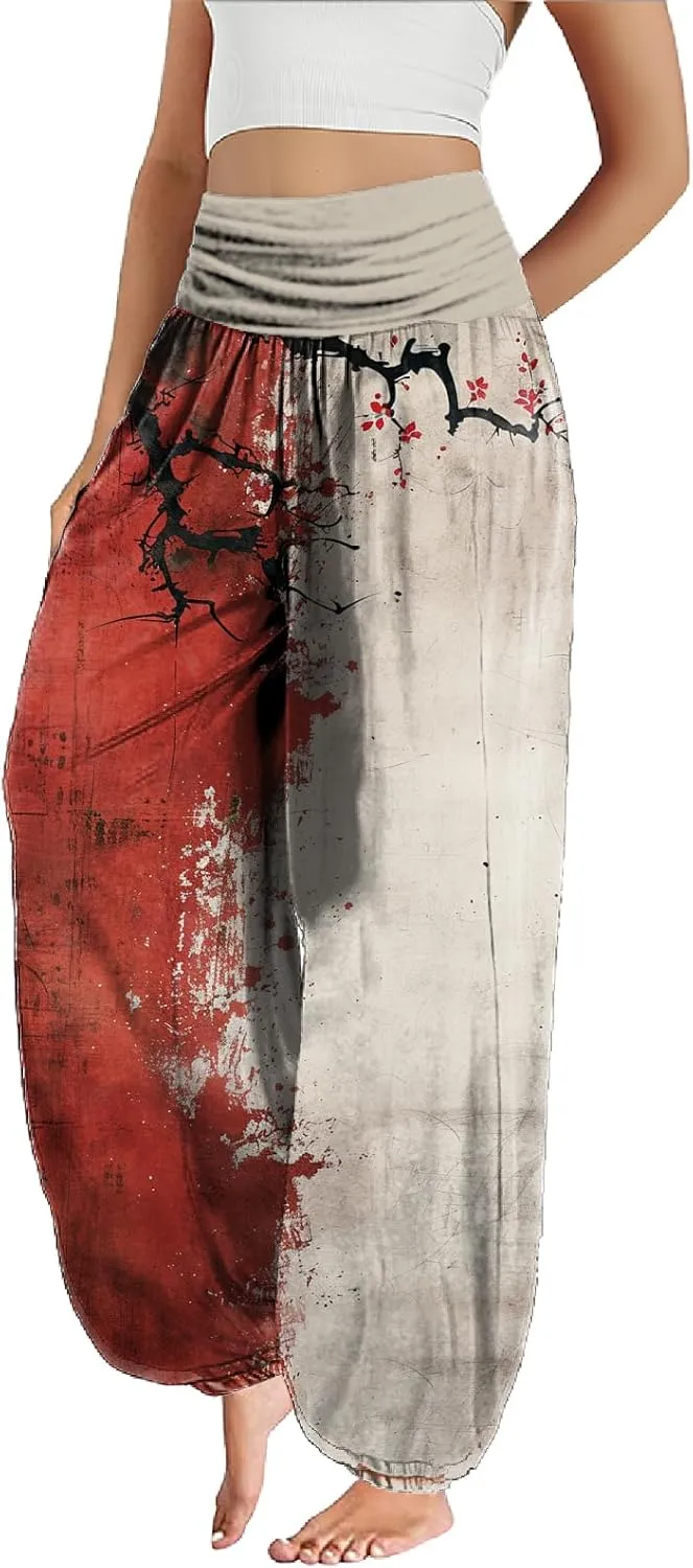 Cute Harem Pants Women Dressy Casual Smocked High Waist Pants Lightweight Flowy Lounge Palazzo Trousers Summer