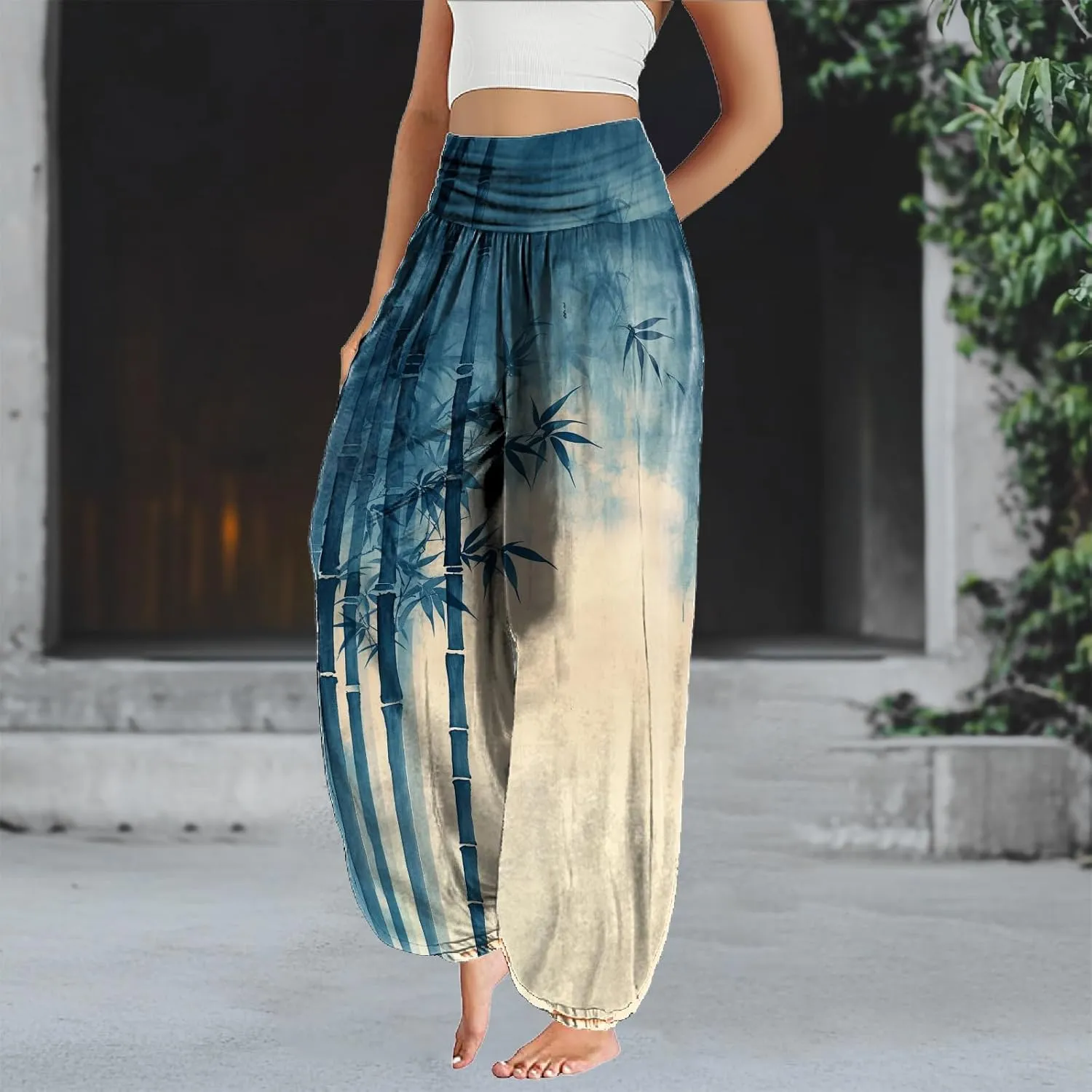 Cute Harem Pants Women Dressy Casual Smocked High Waist Pants Lightweight Flowy Lounge Palazzo Trousers Summer
