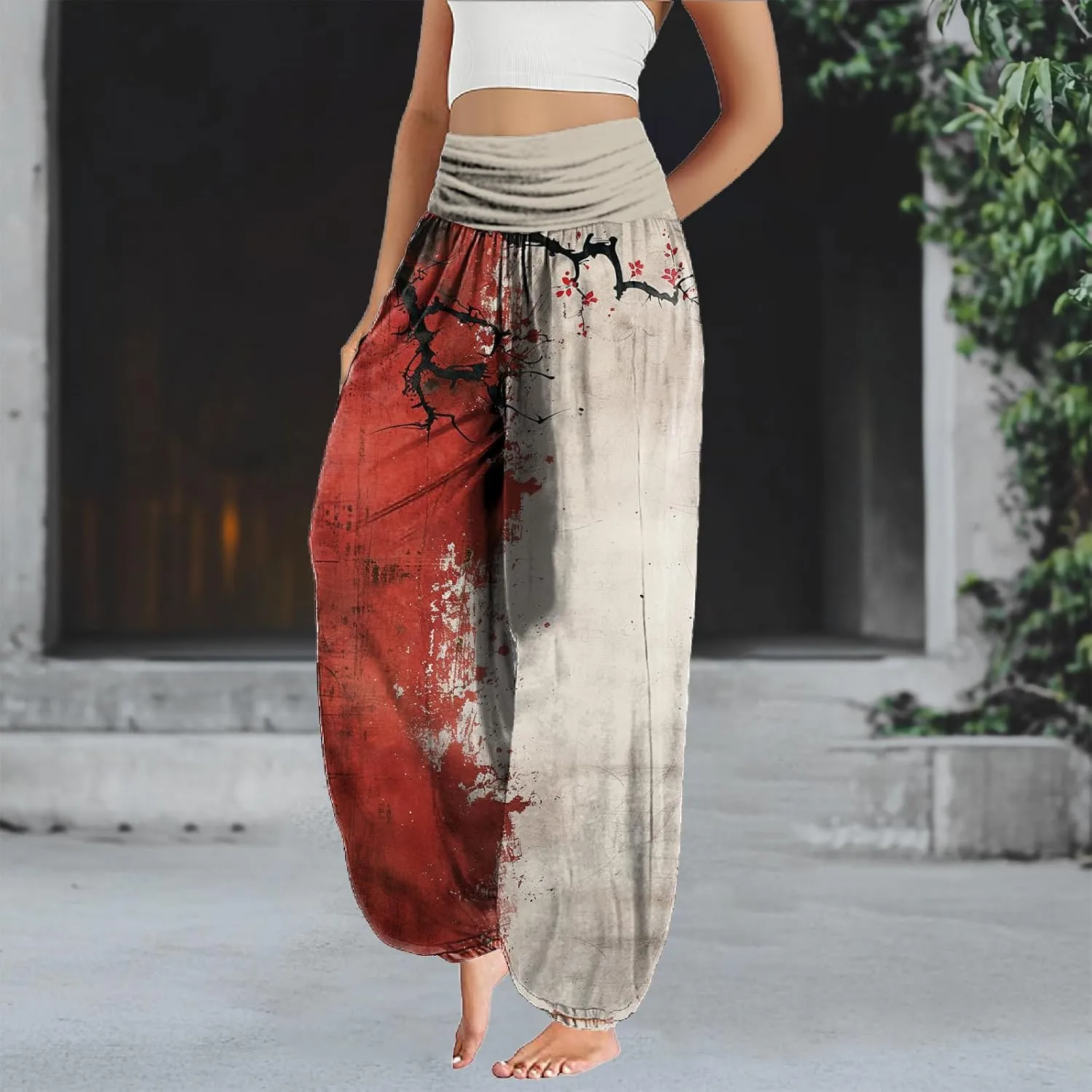 Cute Harem Pants Women Dressy Casual Smocked High Waist Pants Lightweight Flowy Lounge Palazzo Trousers Summer